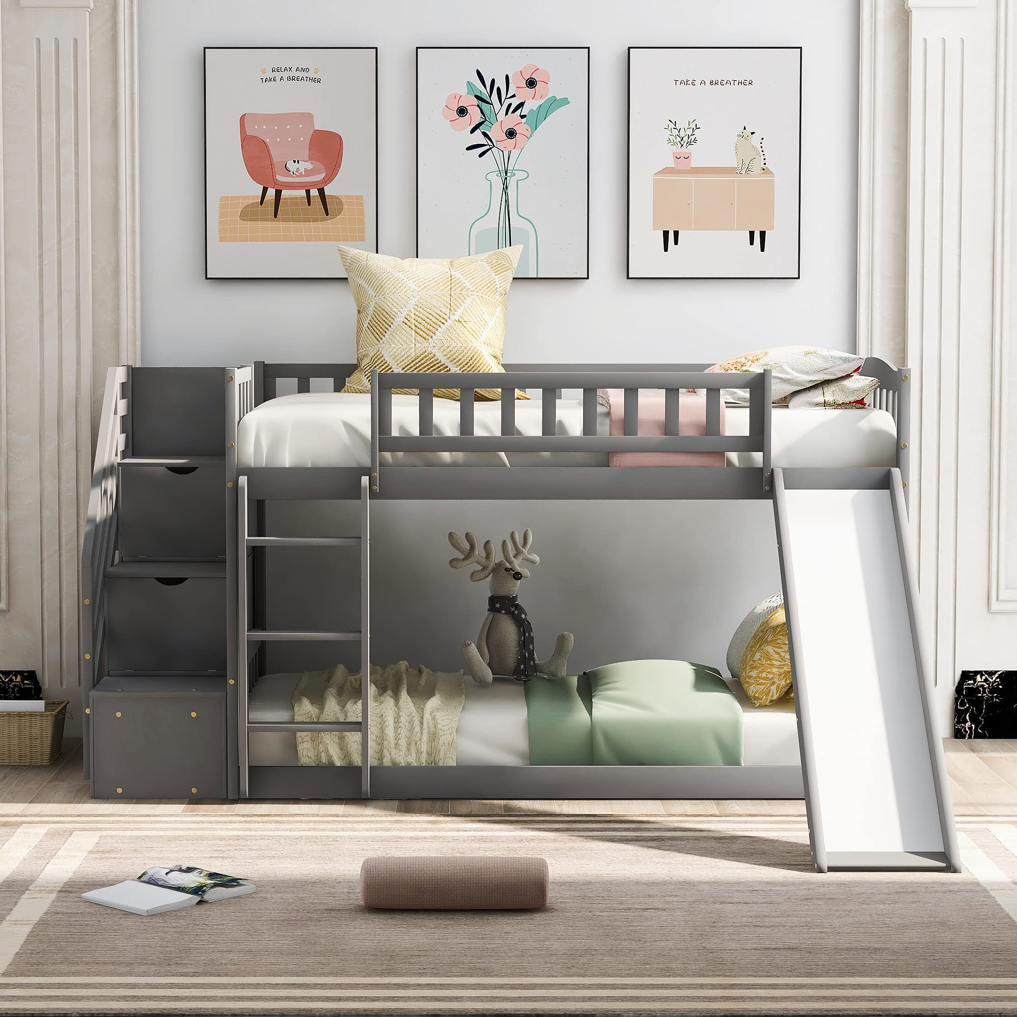 Rhomtree Twin Over Twin Bunk Bed with Slide - Convertible Kids Loft Bed Frame with Ladder, Full-Length Guardrails & 2 Storage Drawers - No Box Spring Needed (Gray) - Perfect for Small Bedrooms, Playrooms & Sleepovers