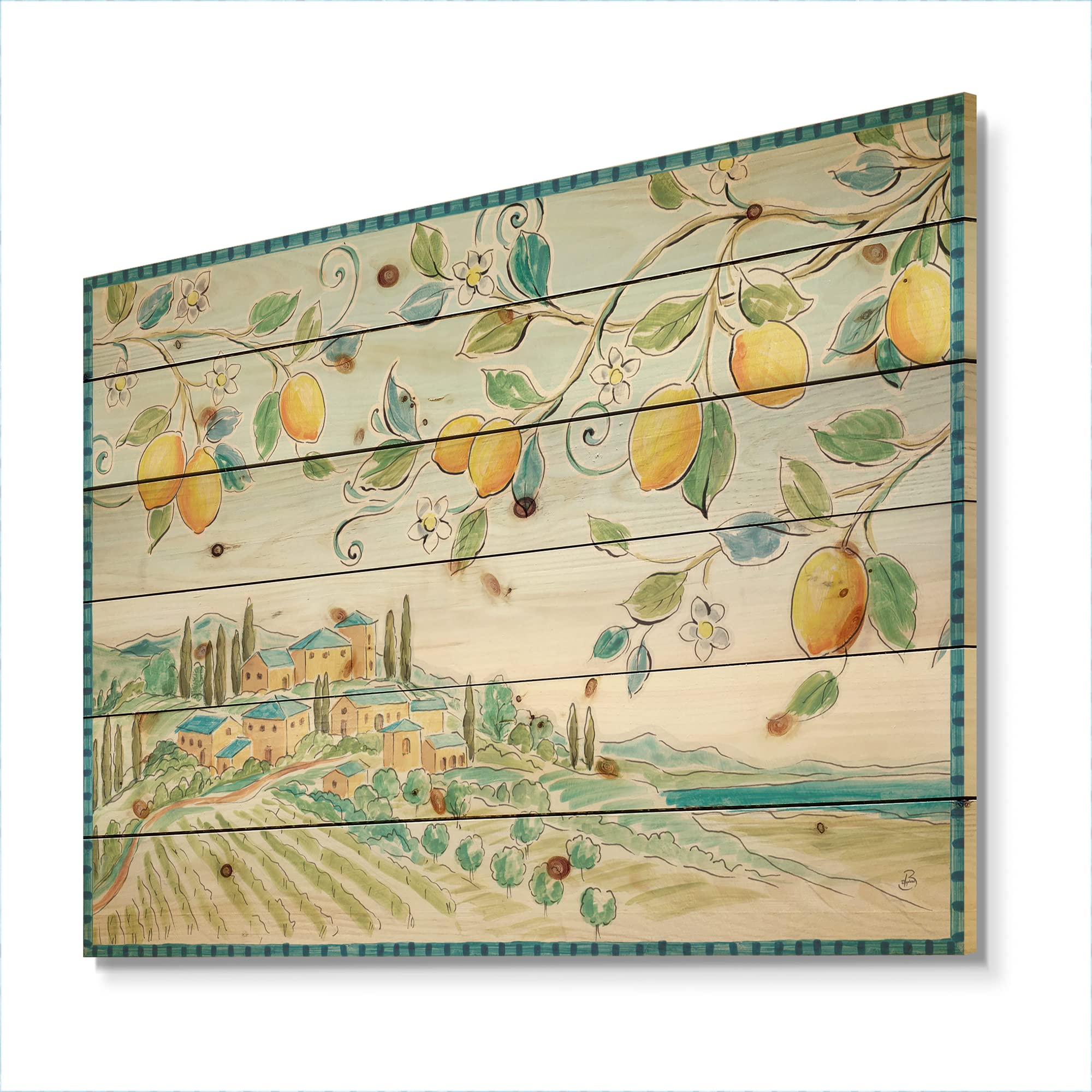 DesignQ Mediterranean Village Farmhouse Wood Wall Decor - Yellow Wood Wall Art for Kitchen & Dining Room - Large Food & Beverage Themed Pine Wood Panels - Rustic Home Decor for Restaurants, Cafes & Farmhouse Style Interiors