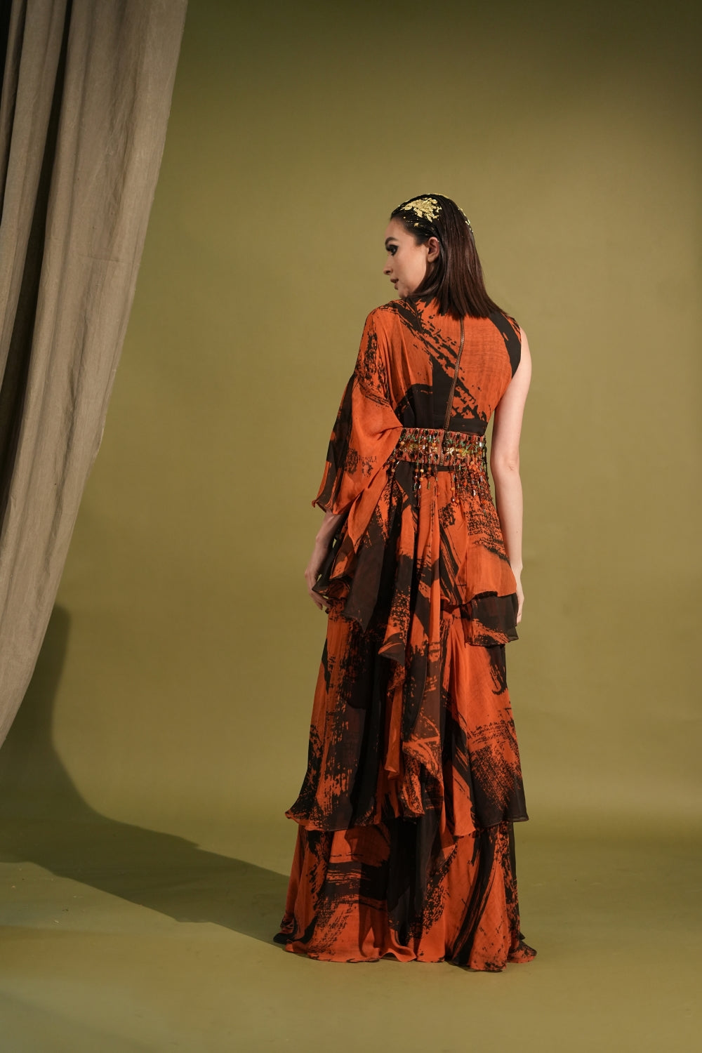 Orange & Black Printed Saree Blouse with Belt Set - Elegant Indian Ethnic Wear for Weddings & Festivals