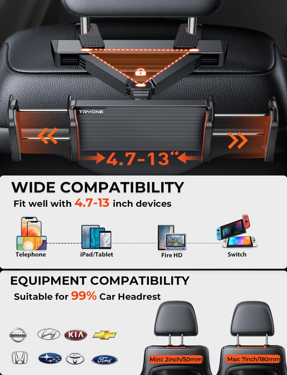 TRYONE Car Tablet Holder - Heavy Duty Carbon Steel Headrest Mount for Back Seat, Compatible with iPad Pro/Air/Mini, Samsung Galaxy, Fire HD (4.7-12.9 Inch) - Perfect for Kids Travel, Road Trips & Long Drives