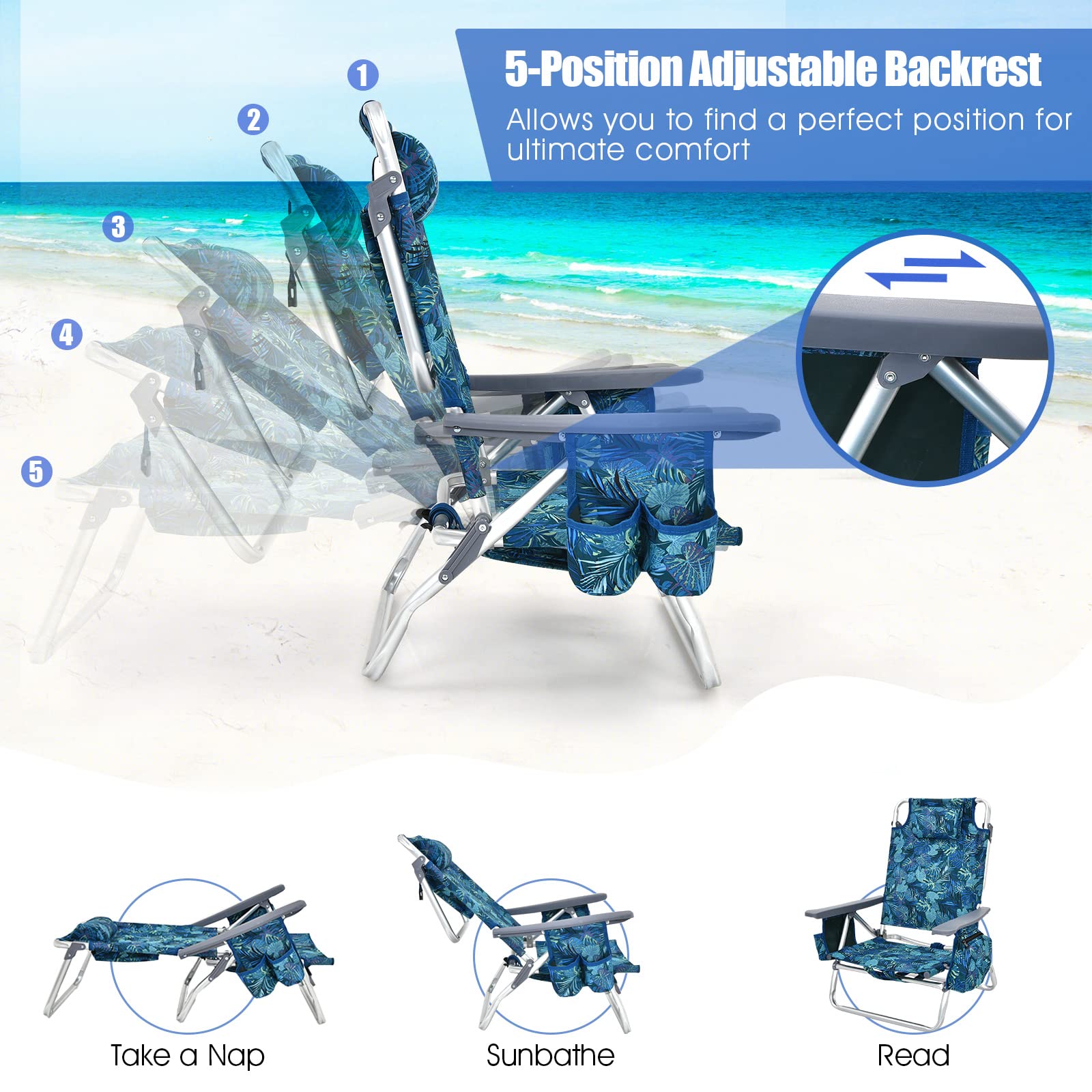 **Tangkula 5-Position Adjustable Beach Chair with Built-in Table & Cooler Bag - Lightweight Folding Backpack Chair with 2 Cup Holders & Towel Bar - Perfect for Beach, Camping, Picnics & Outdoor Relaxation (Navy)**