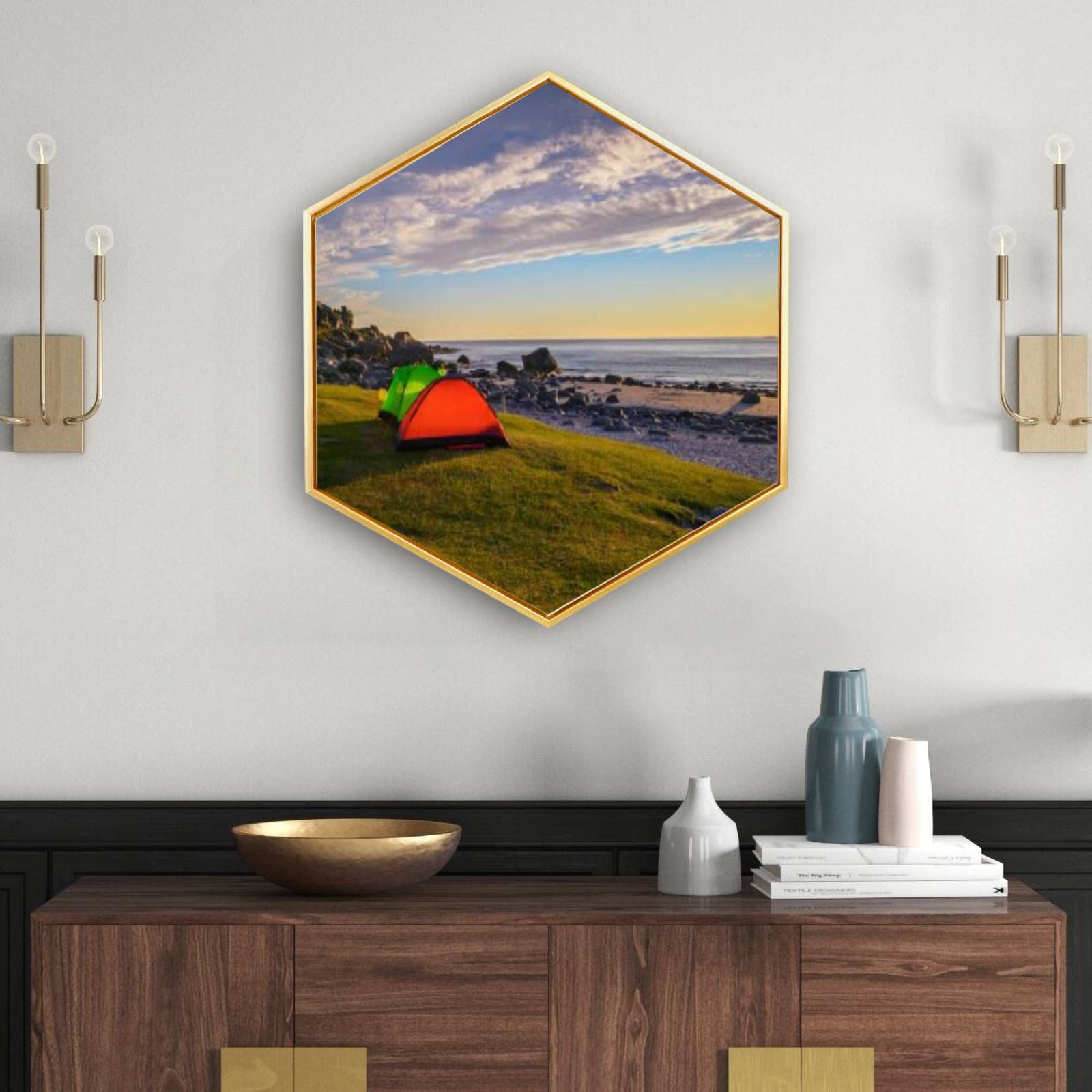 Golden Framed Canvas Wall Art - Sunset Camping at Uttakleiv Beach in Lofoten Islands | Giclee Prints for Minimalist Modern Home & Office Decor | Ready to Hang Hexagon Wall Decor for Living Room, Bedroom, or Workspace