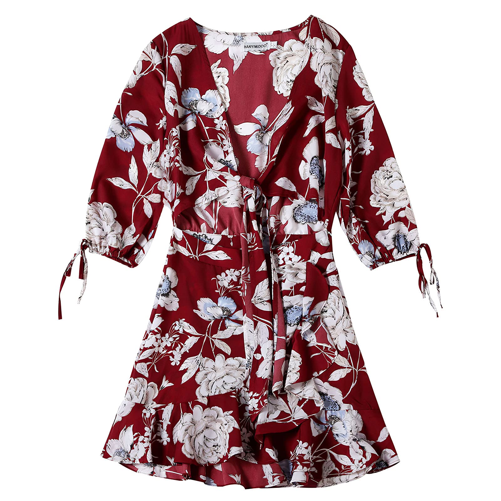Pantete Women's Summer Floral Short Dress - Casual 3/4 Sleeve Tie Waist Ruffle Mini Dress with V-Neck | Perfect for Beach Vacation, Date Night & Summer Parties