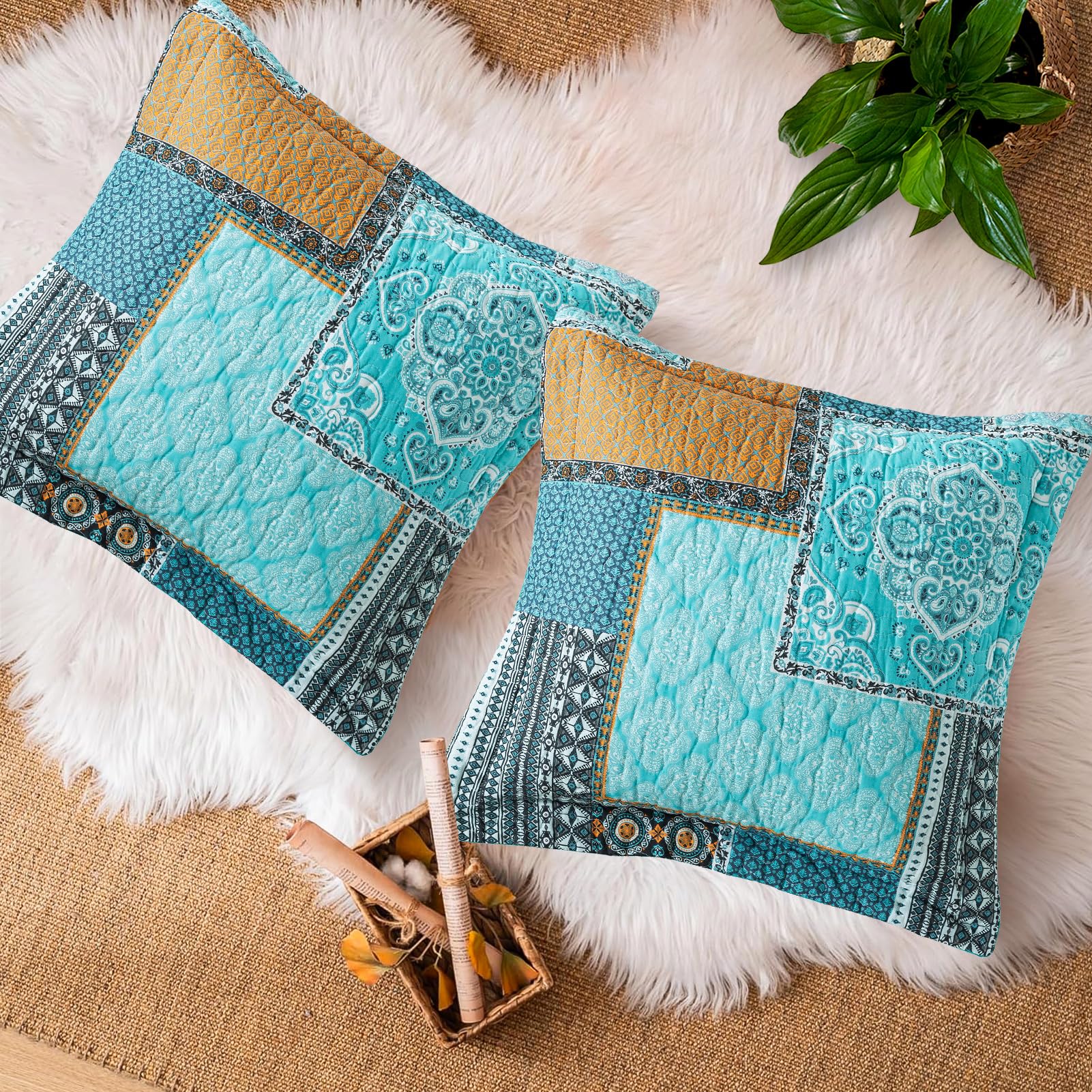 Boho Decorative Throw Pillow Covers Set of 2 - 18x18 Inch Square Farmhouse Cushion Covers for Couch, Bed & Sofa - Green Chic Floral Pattern - Perfect for Boho, Farmhouse & Living Room Decor