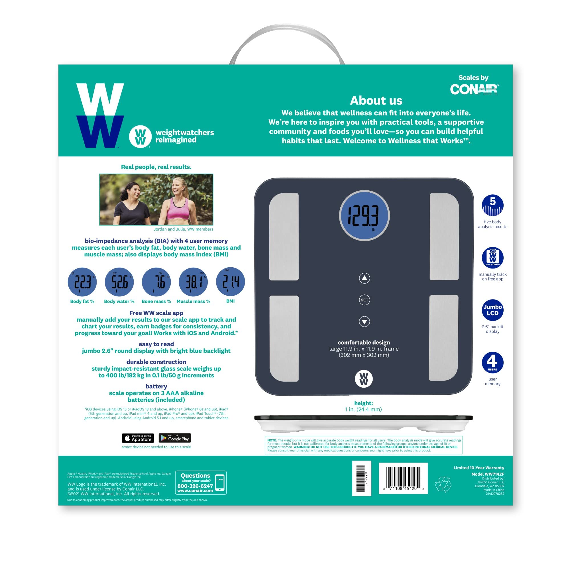 Conair Weight Watchers Digital Bathroom Scale - Glass Body Fat & BMI Analyzer, Measures Weight up to 400lbs, Tracks Muscle Mass & Bone Density for 4 Users (Black/Blue) - Perfect for Home Fitness Tracking & Health Monitoring