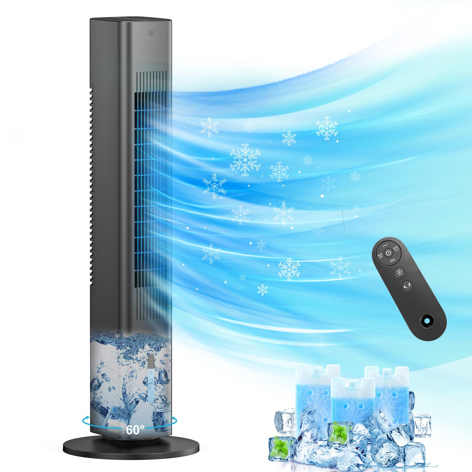 Portable Air Conditioner with Remote - Windowless AC Unit, Evaporative Cooler & Humidifier, 7H Timer, Oscillating Tower Fan for Indoor & Outdoor Use - Perfect for Bedroom, Office, and Patio Cooling (Large, Black)