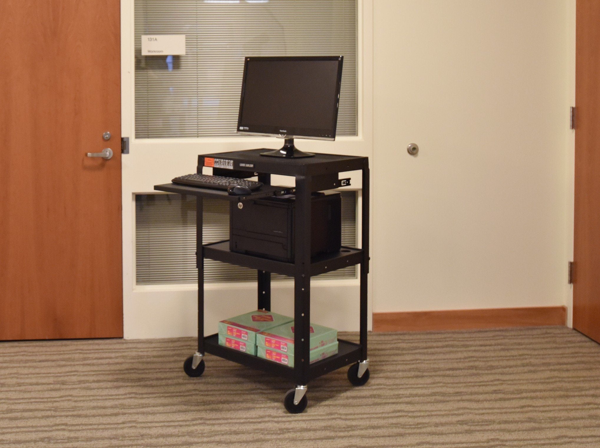 Luxor Adjustable Height Black Metal AV Cart with Pullout Keyboard Tray - Perfect for Classrooms, Offices, and Home Entertainment Systems