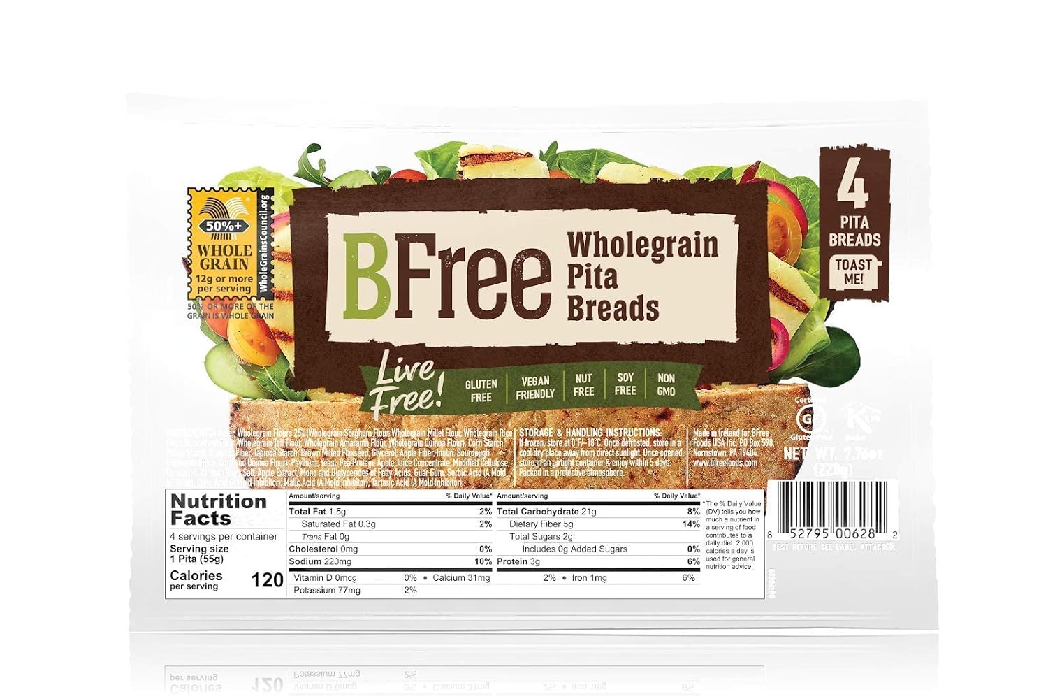 Bfree Gluten Free Whole Grain Stone-Baked Pita Bread - 7.76 Oz (Pack of 3) | Healthy Snack for Sandwiches, Wraps & Mediterranean Meals | Vegan, Allergy Friendly & Non-GMO