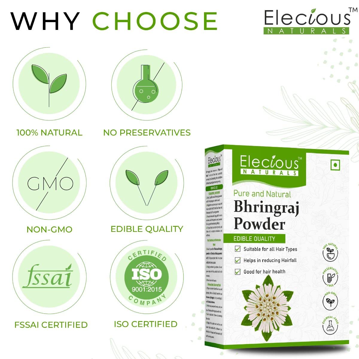 Elecious Pure Bhringraj Powder for Hair Growth & Consumption - 200g | 100% Natural, Preservative-Free | Ideal for Hair Masks, Oils & Dietary Supplement | Promotes Healthy Hair & Scalp