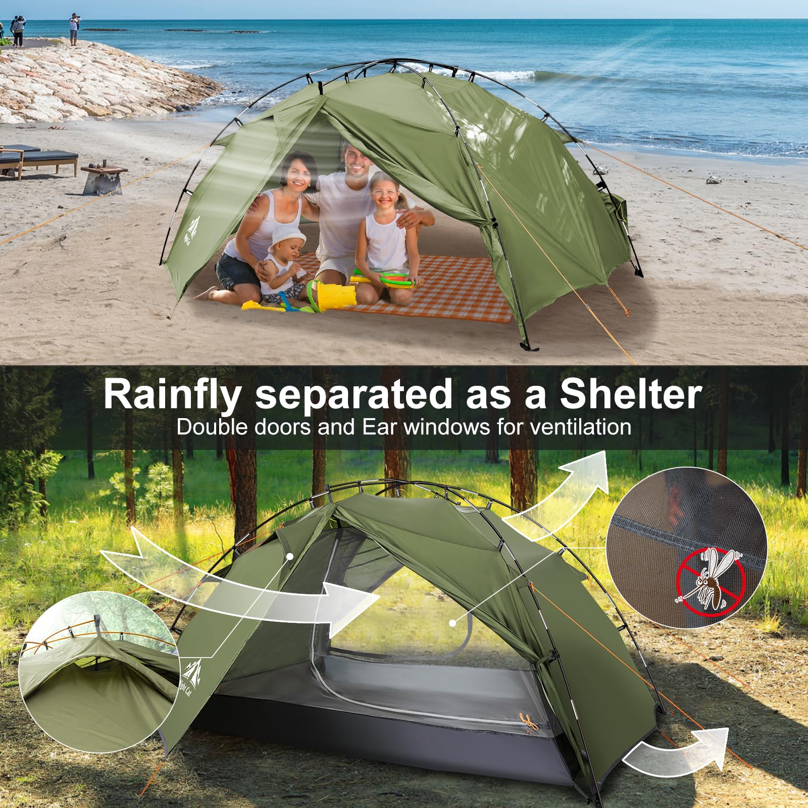 2 Person Backpacking Tent - Lightweight & Waterproof Hiking Camping Tent with Aluminum Poles, Double Layer & 2 Doors - Fast Setup, Compact 7x4.4ft - Perfect for Backpacking, Hiking & Outdoor Adventures