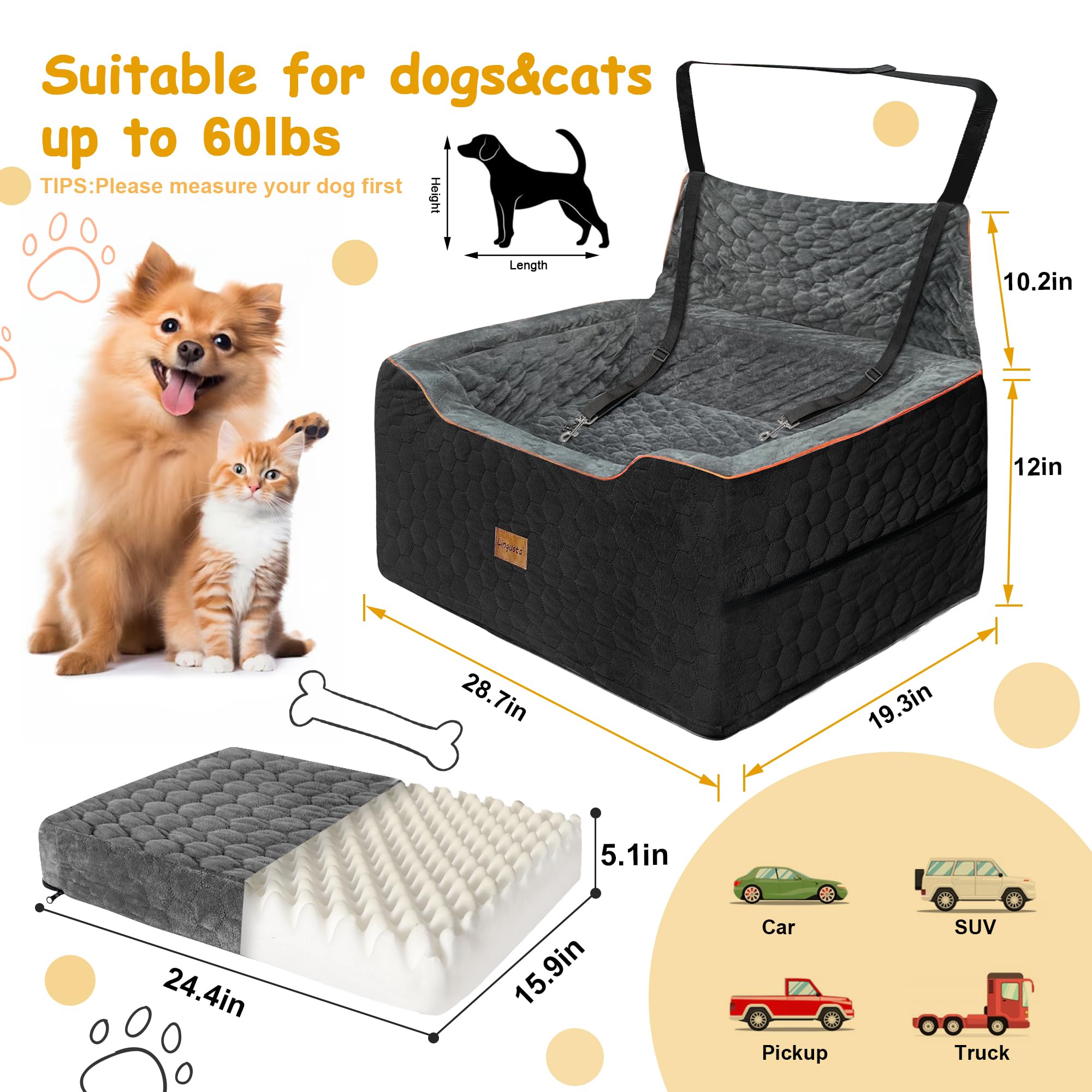 **Premium Washable Dog Car Seat for Medium & Large Dogs up to 60 lbs – Thick Cushion Booster Seat with 2 Safety Leashes (Black/Gray) – Perfect for Road Trips, Vet Visits & Daily Commutes**