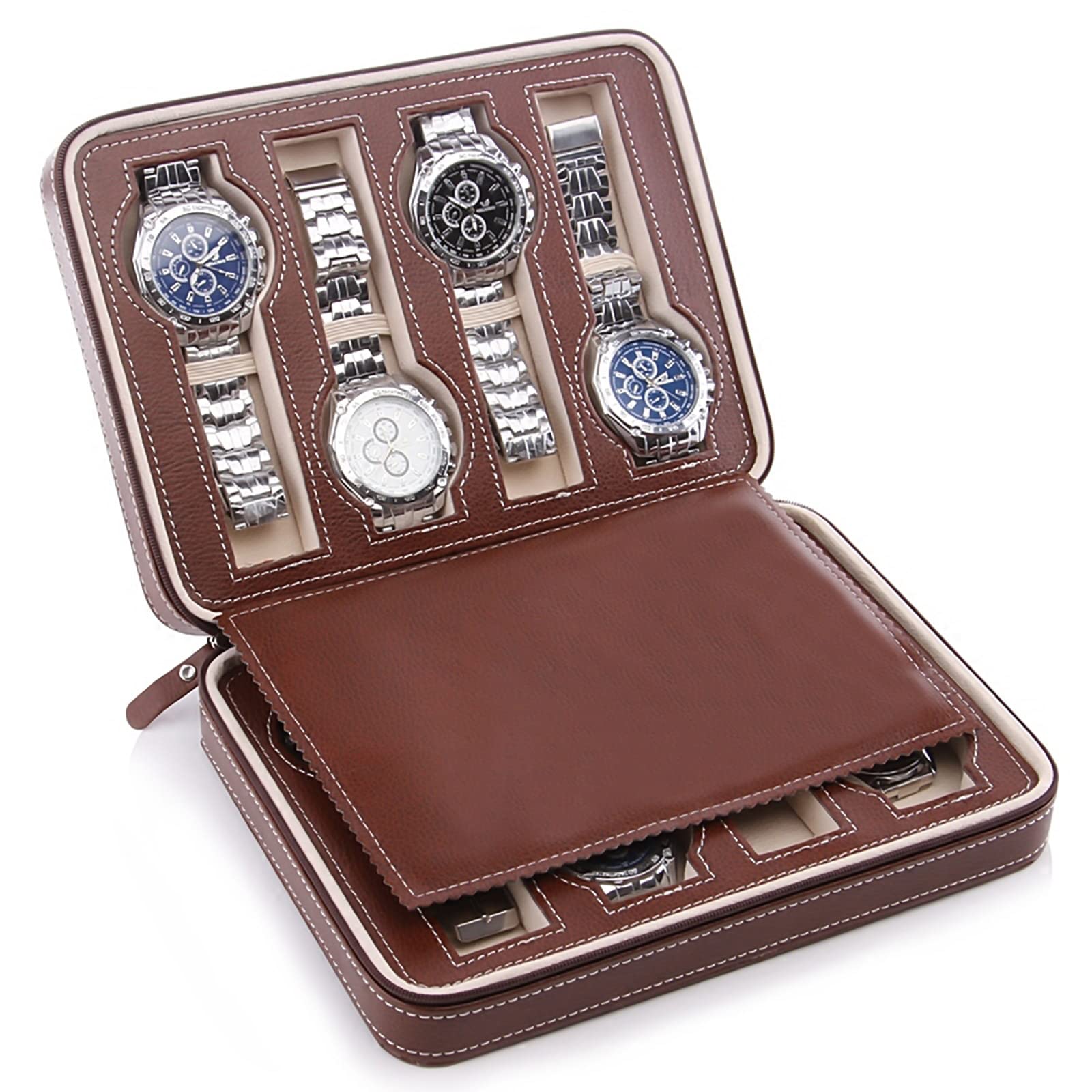 SHZICMY 8 Slot PU Leather Watch Storage Case - Travel Watch Organizer with Zipper, Multi-Compartment Jewelry Display Holder for Men & Women | Perfect for Travel, Home Storage & Watch Collection Display