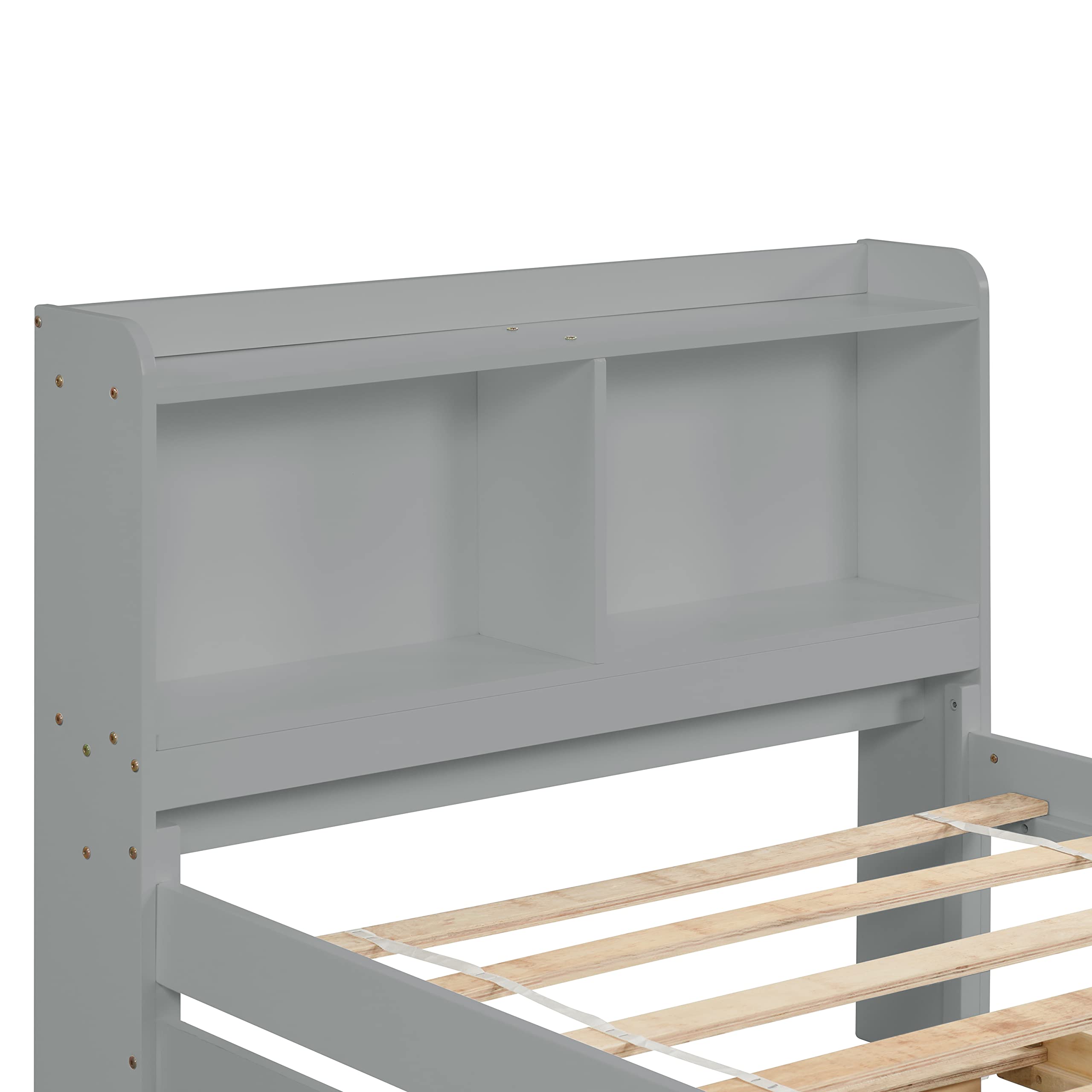 Twin Size Platform Bed with Trundle - Wooden Twin Bed Frame with Bookcase Headboard & Storage Shelves, No Box Spring Needed (Gray) - Perfect for Kids Rooms, Guest Rooms & Small Spaces