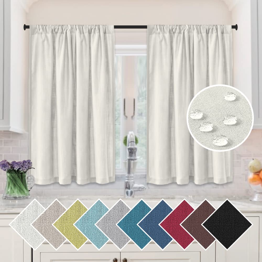 H.VERSAILTEX 45 Inch Linen Kitchen Curtains Set of 2 Panels - Waterproof Window Treatment for Bathroom & Bedroom, Energy Saving Privacy Shade, Ivory - Perfect for Farmhouse, Apartment & Dorm Room Decor