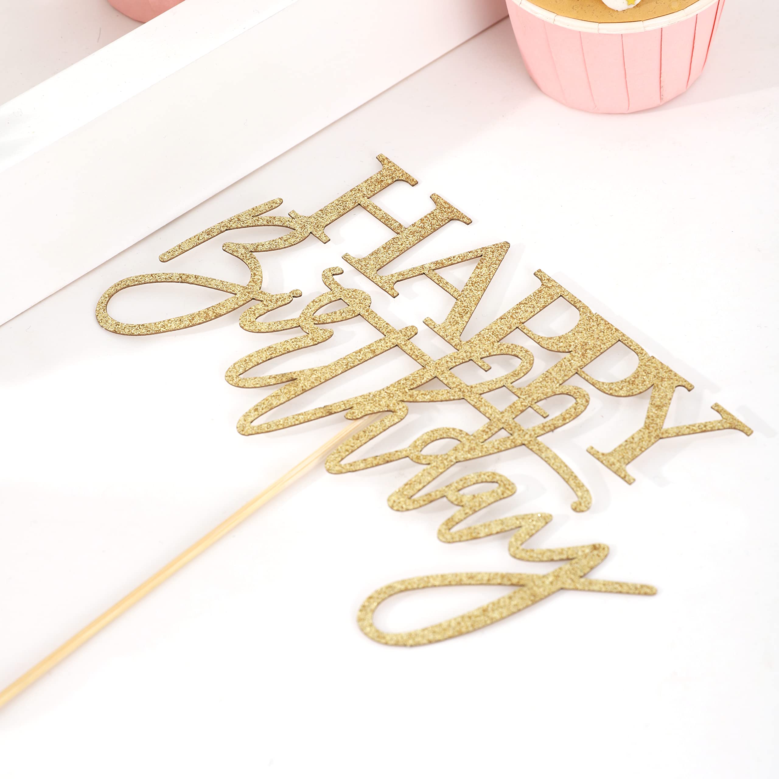 Handmade Glitter Gold Happy Birthday Cake Topper - Birthday Cake Bunting Decor for Parties | Premium Birthday Party Decoration Supplies for Kids & Adults | Perfect for Birthday Cakes, Cupcakes & Dessert Tables