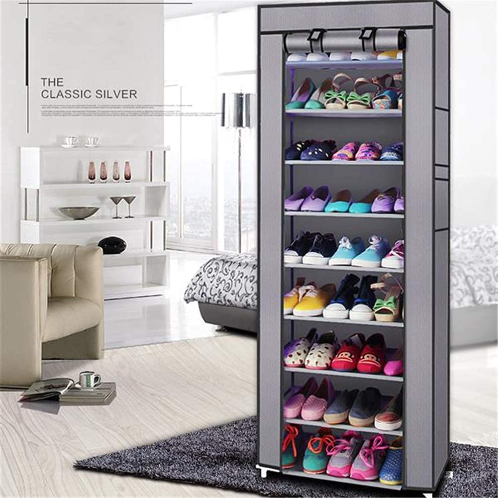 9-Tier Free Standing Shoe Rack Organizer - Portable Shoe Storage Shelf Cabinet Tower for Closet with Nonwoven Fabric Cover (Gray) | Space-Saving Shoe Organizer for Bedroom, Entryway & Dorm