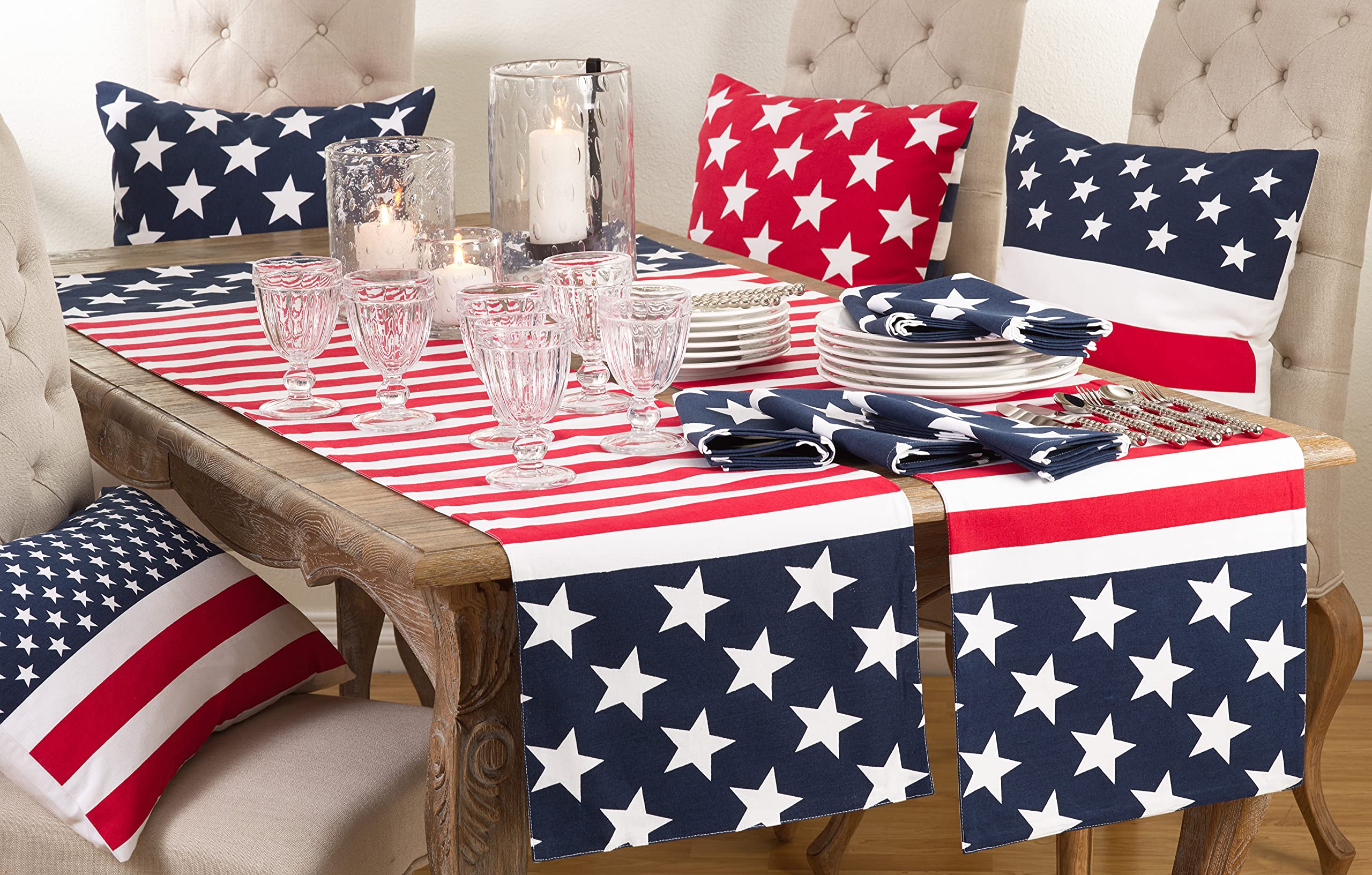 American Flag Patriotic Table Runner for 4th of July, Memorial Day, BBQ & Holiday Decor - Red White Blue Stripes USA Theme Dining Table Cover