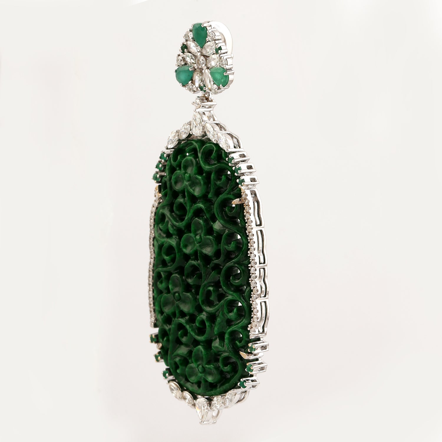 Exquisite Hand-Carved Green Jade Pendant with Pave Diamonds & Emeralds in 18K White Gold - Luxury Jewelry Gift for Women, Perfect for Weddings, Anniversaries & Special Occasions
