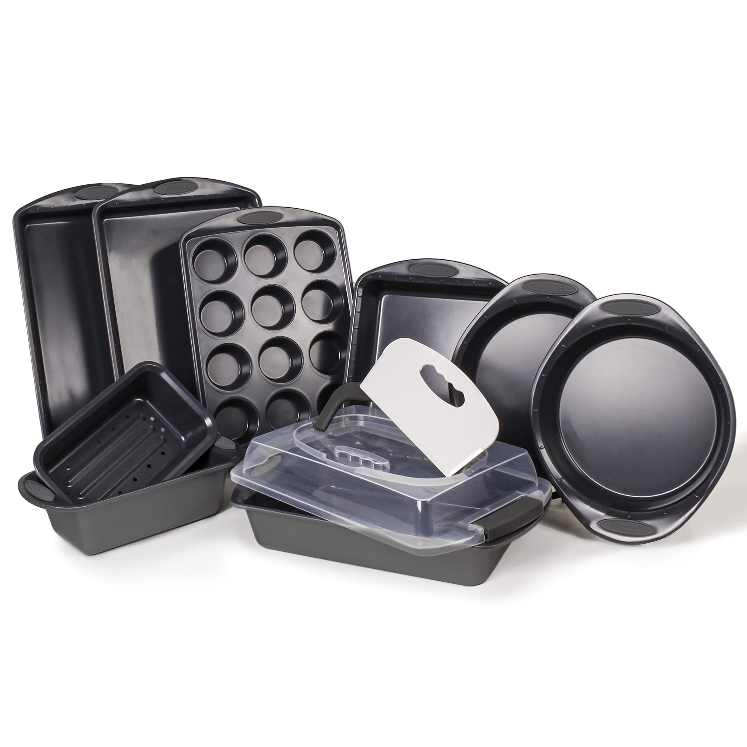 BergHOFF 11-Piece Non-Toxic Bakeware Set - Rectangle Cake Pan, Cookie Sheets, Muffin Pan, Loaf Pan & Round/Square Pans | PFOA-Free Grey Baking Essentials for Cakes, Cookies & Breads | Perfect for Home Baking, Parties & Holiday Treats
