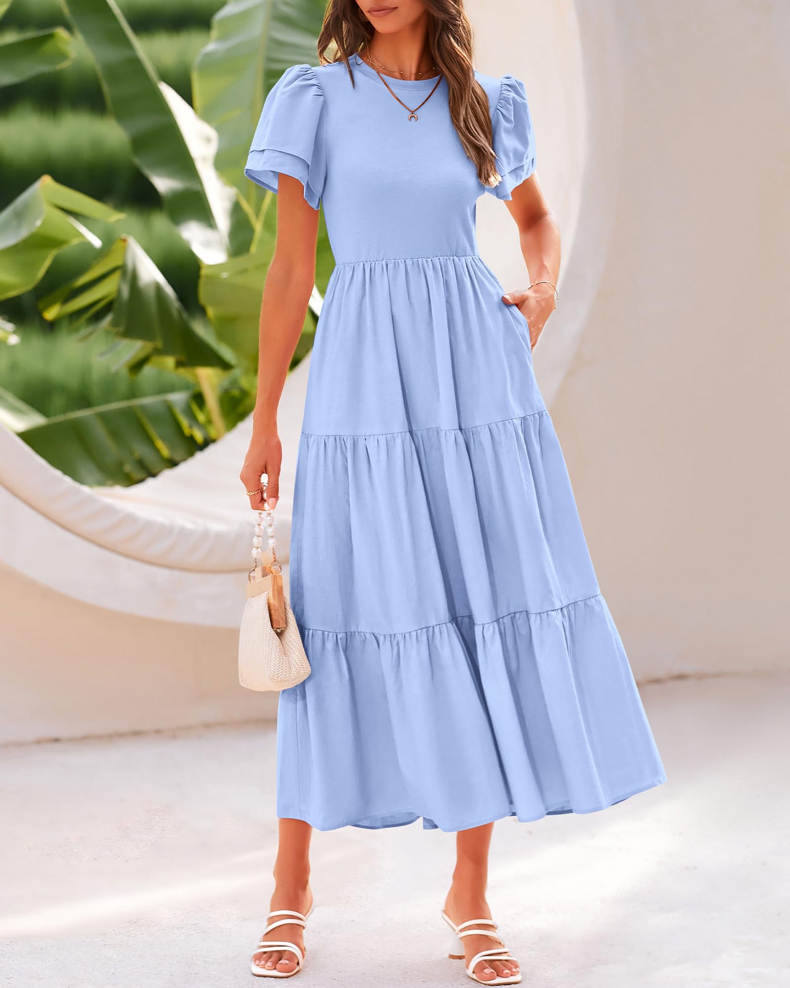 BTFBM Women's Casual Summer Dresses 2025 - Spring Crewneck Short Sleeve Tiered Flowy Boho Maxi Dress with Pockets for Beach Vacation, Party, and Everyday Wear