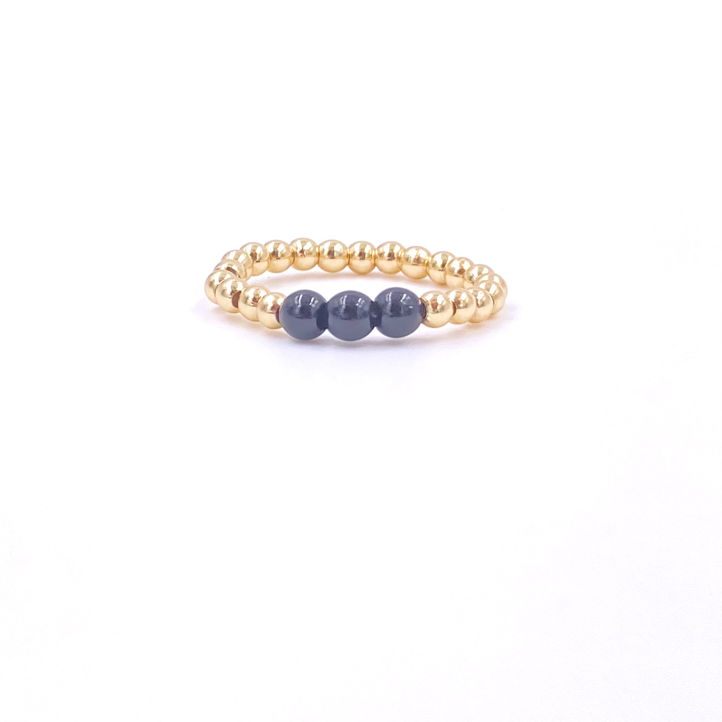 Ashley Gold Stainless Steel Gold Plated 3 Center Enamel Design Beaded Stretch Ring for Women - Elegant Adjustable Fashion Jewelry for Party, Wedding & Everyday Wear