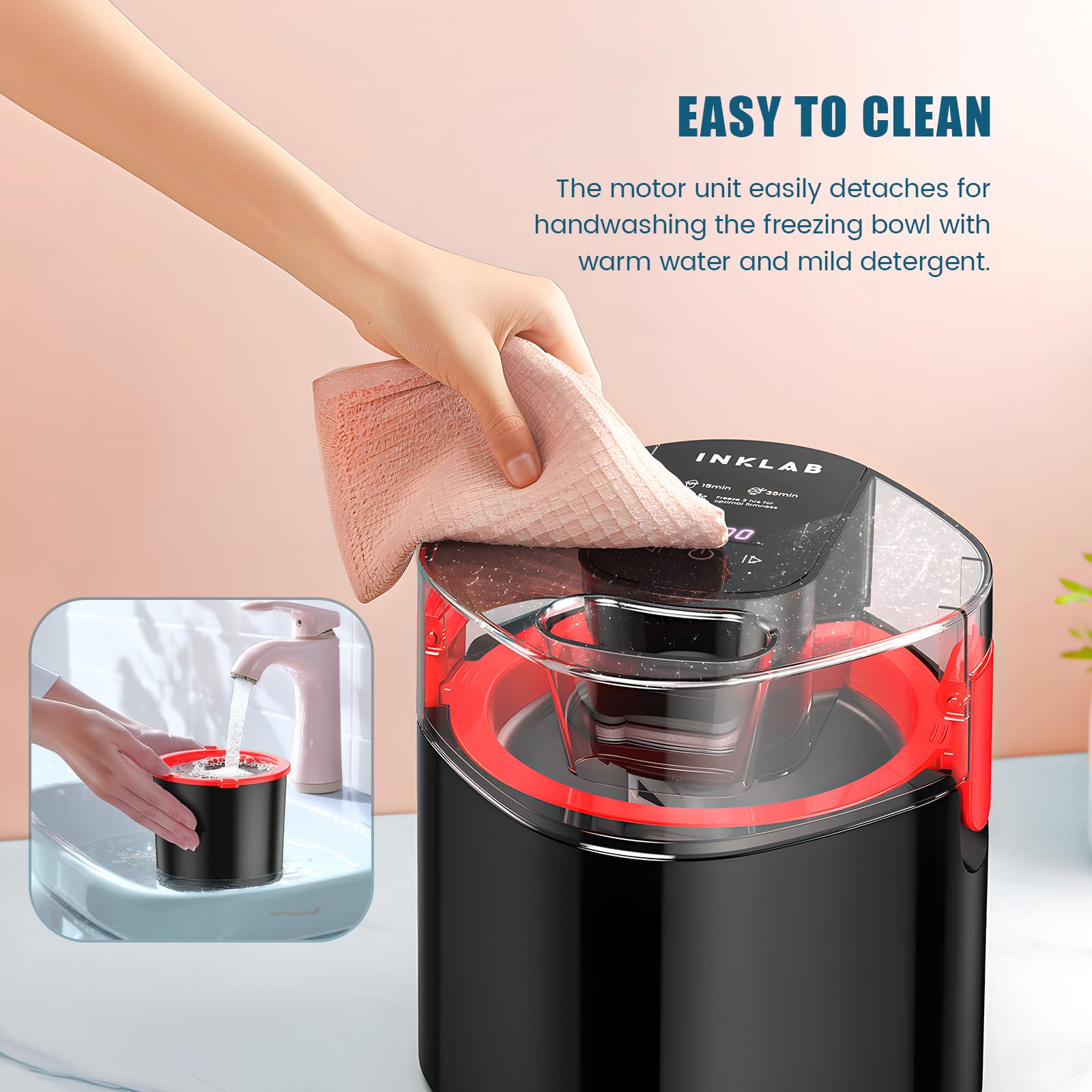Electric Ice Cream Maker Machine - 1.5 Quart Frozen Yogurt & Gelato Maker with Double Insulated Freezer Bowl, LCD Display & Timer - Fast Homemade Ice Cream Maker for Parties, Desserts, Family Gatherings - Easy to Clean (Black & Red)