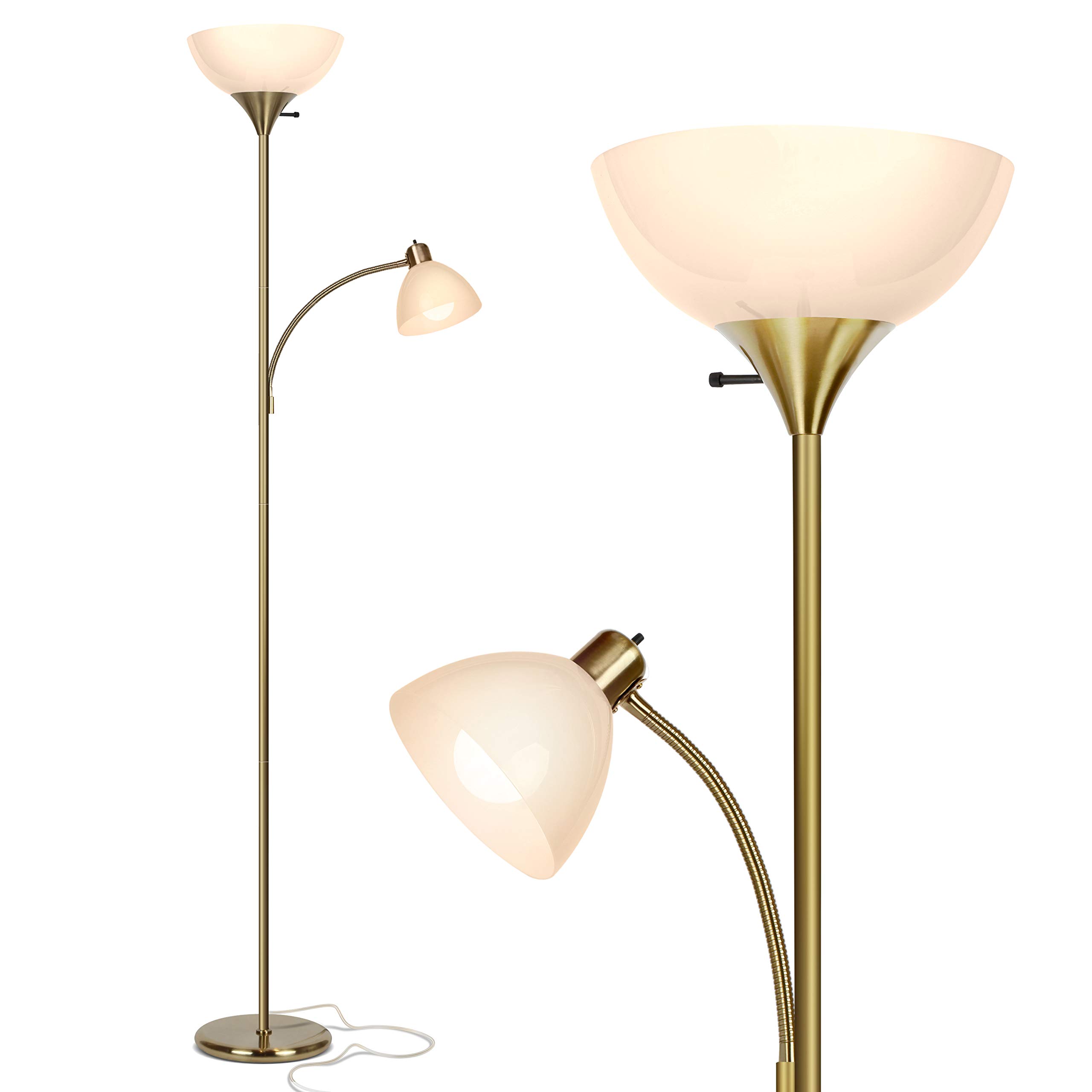 Brightech Sky Dome Plus LED Floor Lamp - Super Bright Dimmable Torchiere Standing Lamp for Living Room, Bedroom & Office - Adjustable Reading Light in Gold Brass Finish - Perfect for Cozy Nights & Workspaces