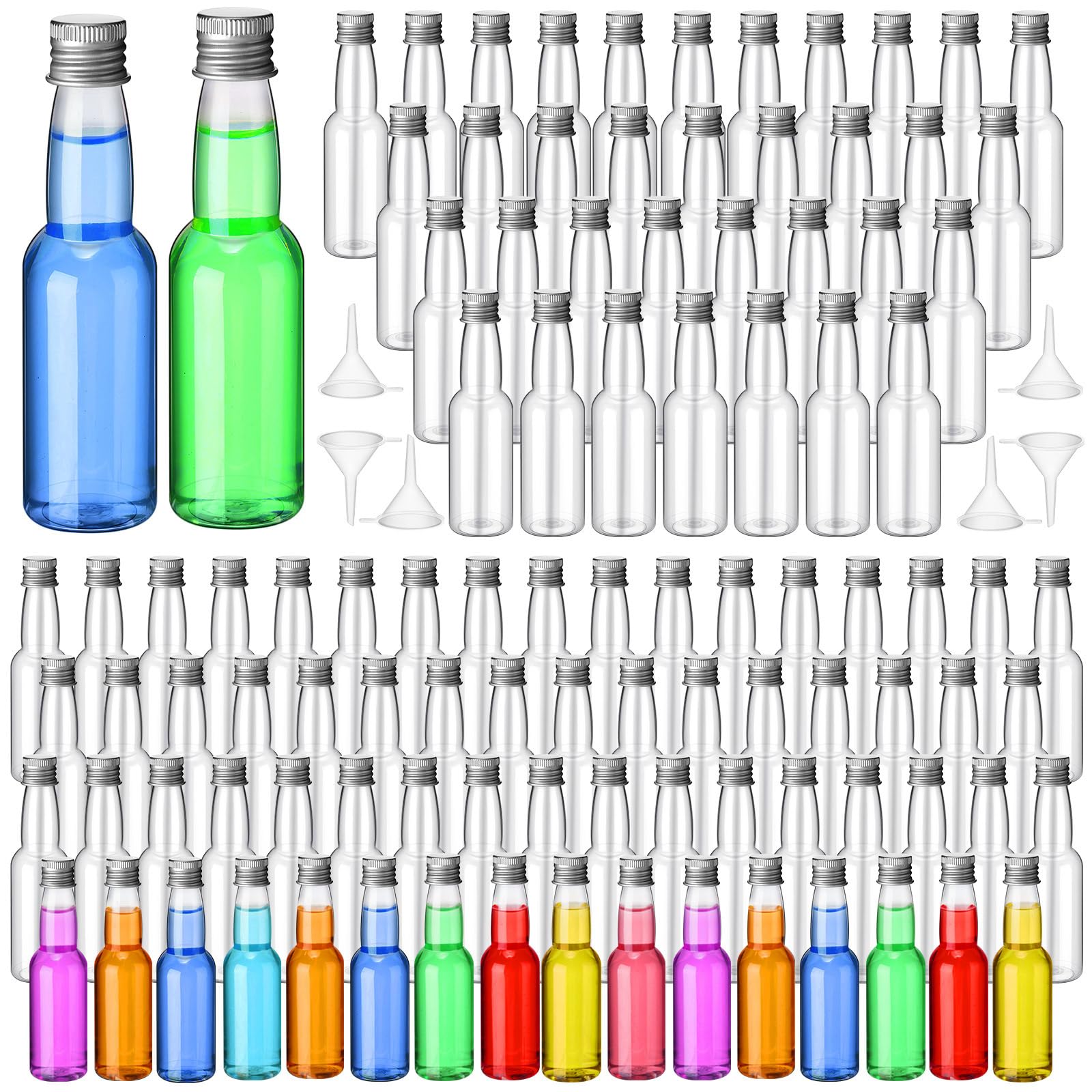 120 Pcs Mini Liquor Bottles (3.3 oz) - Airtight Empty Plastic Shot Bottles with Funnels for Alcohol, Whiskey & Spirits | Perfect for Party Favors, Weddings, DIY Cocktails & Home Bar Accessories (Silver)