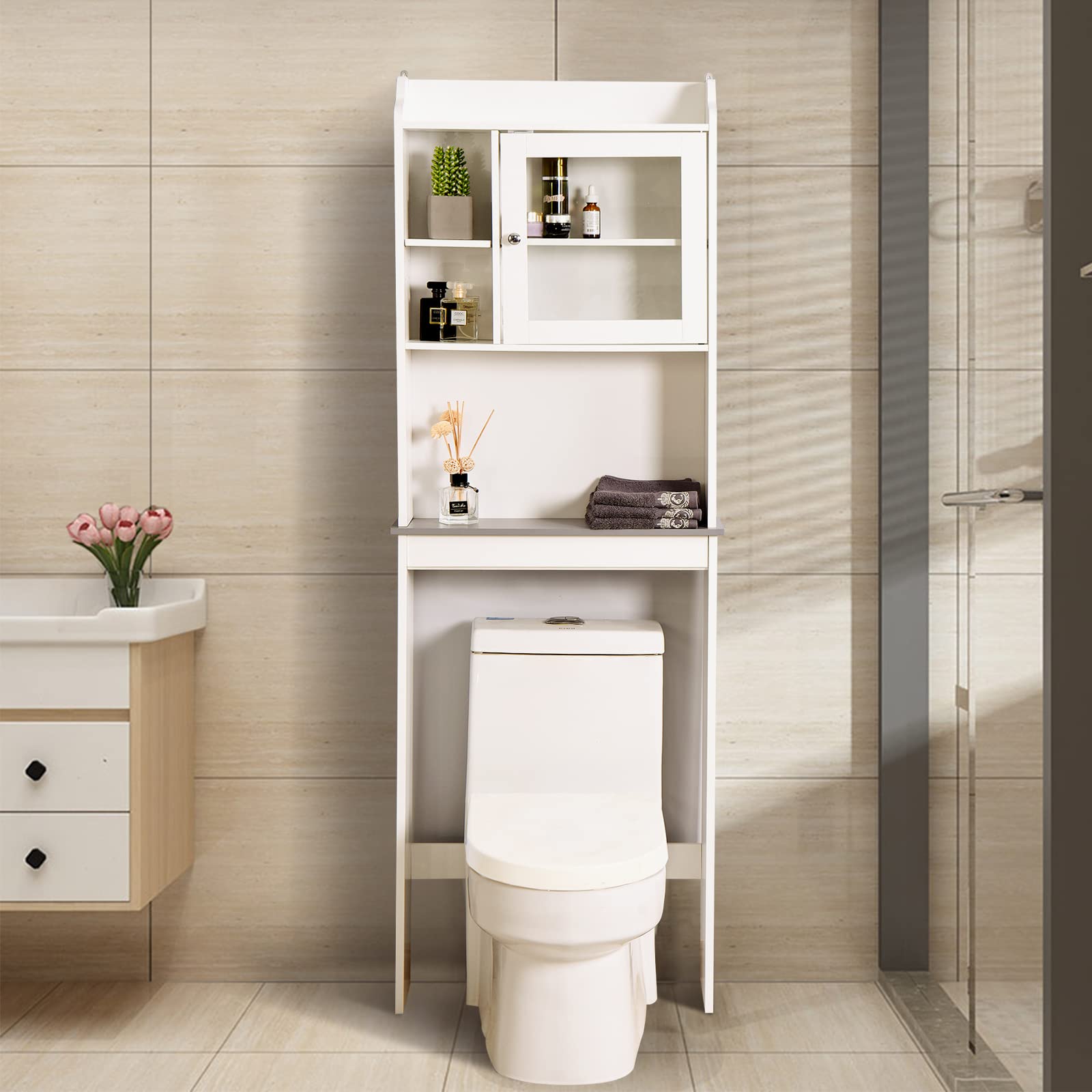 Over The Toilet Cabinet - Adjustable Shelf Bathroom Storage for Small Spaces - White