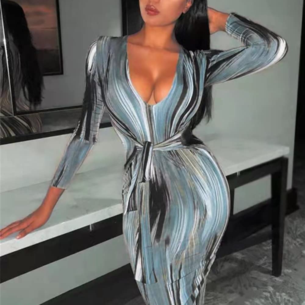 Elegant Women's Bodycon Tie Waist Wrap Dress - V Neck Long Sleeve Midi Cocktail Party Dress for Night Out, Date Night & Special Occasions