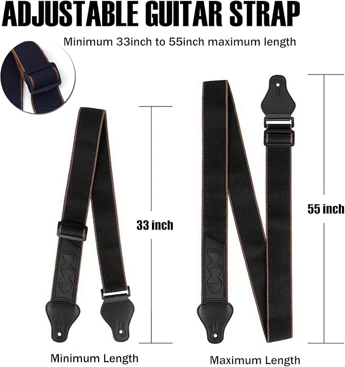 Premium PU Leather Guitar Strap with 2 Buttons & 2 Locks - Includes 3 Free Guitar Picks for Bass, Electric & Ukulele (Black) | Comfortable & Adjustable for Live Performances, Studio Recording & Practice Sessions