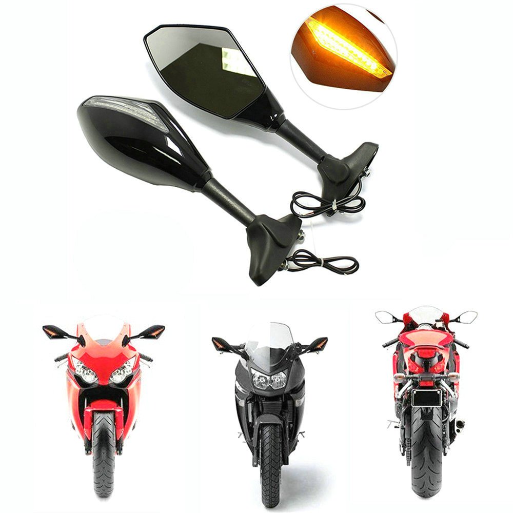 Yibid Integrated Motorcycle LED Turn Signal Light & Custom Mirrors - Compatible with Suzuki GSXR 1000 (2001-2005, 2009-2012) & GSXR 1100 (1993-1998) - Solid Black with Clear Lens & Arrow Marker Indicator - Enhanced Visibility & Safety for Street & Track Riding