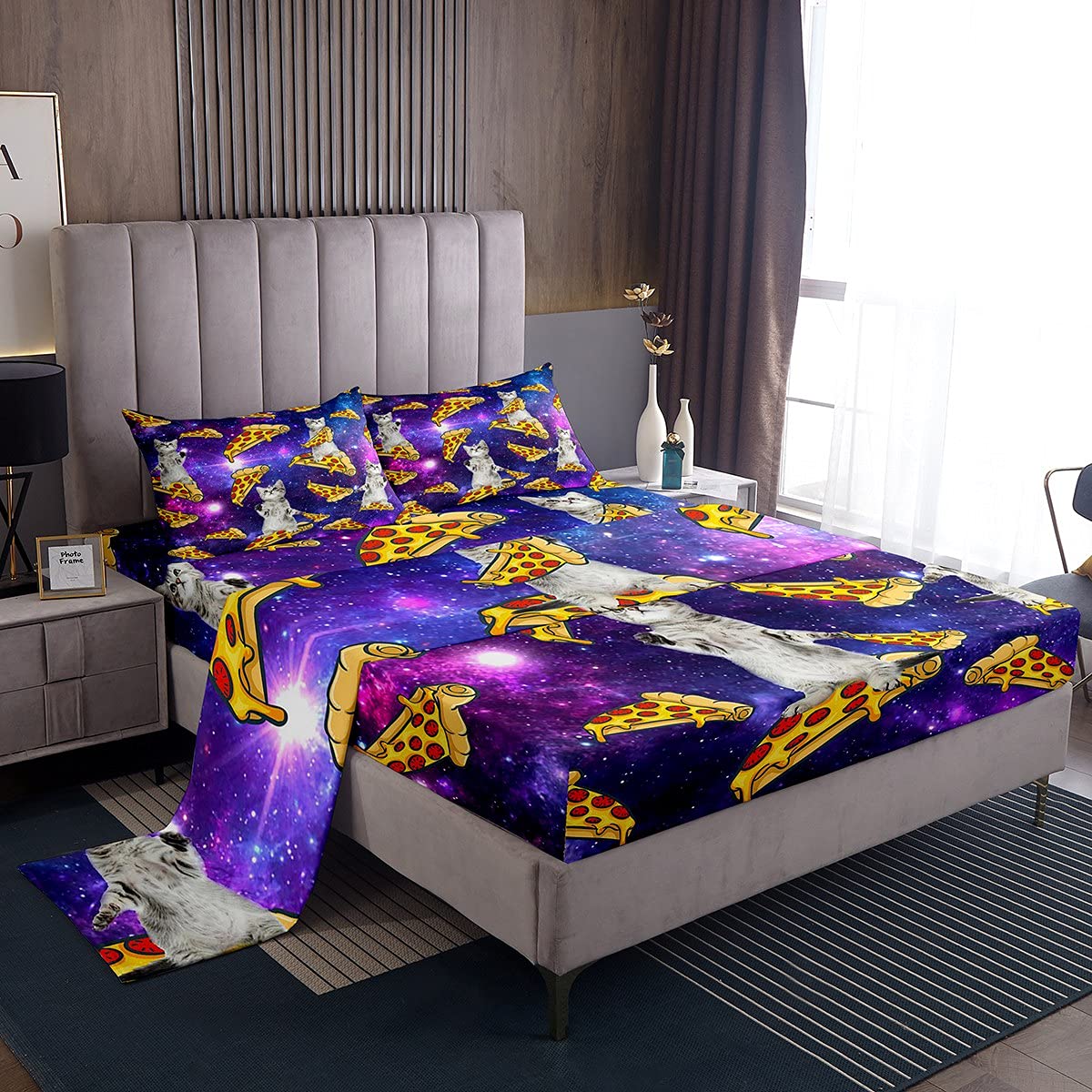 Cute Galaxy Glitter 3D Animal Print Queen Sheet Set - Soft & Cozy Deep Pocket Bedding for Kids, Teens, Boys & Girls - Perfect for Cat Lovers, Pizza-Themed Bedrooms & Cozy Pet-Friendly Decor