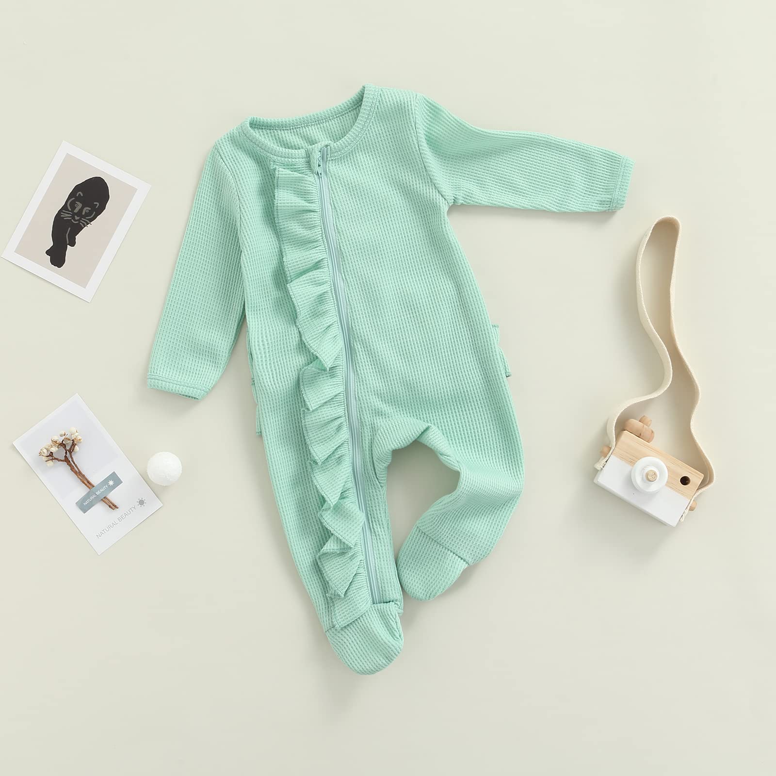 Newborn Baby Girl Waffle Knit Romper with Zipper & Ruffle - Soft Winter Footie Pajamas for Infants - Cozy Fall & Winter Sleepwear for Newborns