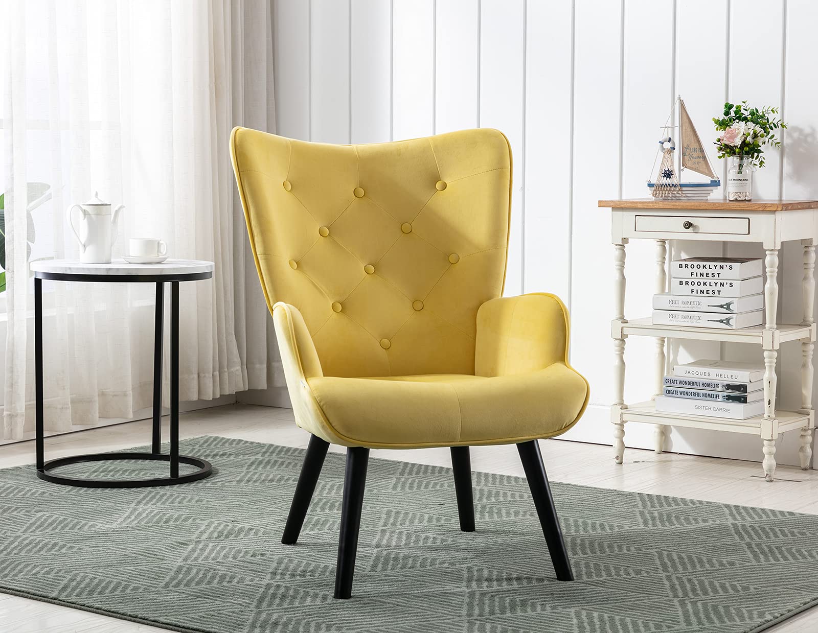 Modern Velvet Accent Chair - High Back Comfortable Lounge Chair for Living Room & Bedroom, Upholstered Compact Leisure Side Chair (Yellow) | Perfect for Small Spaces, Reading Nooks & Cozy Home Decor