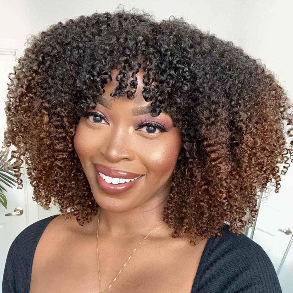 200% Density Ombre Human Hair Wigs - Afro Kinky Curly Two Tone Brazilian Virgin Hair Wig with Bangs | Glueless Machine Scalp Top | 18 Inch for Black Women | Perfect for Daily Wear, Parties & Special Occasions