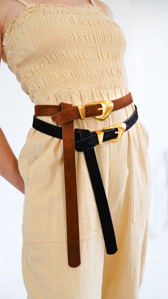 Slim Suede Liquid Gold Buckle Belt for Women - Fashionable Waist Accessory | Perfect for Jeans, Dresses & Office Outfits