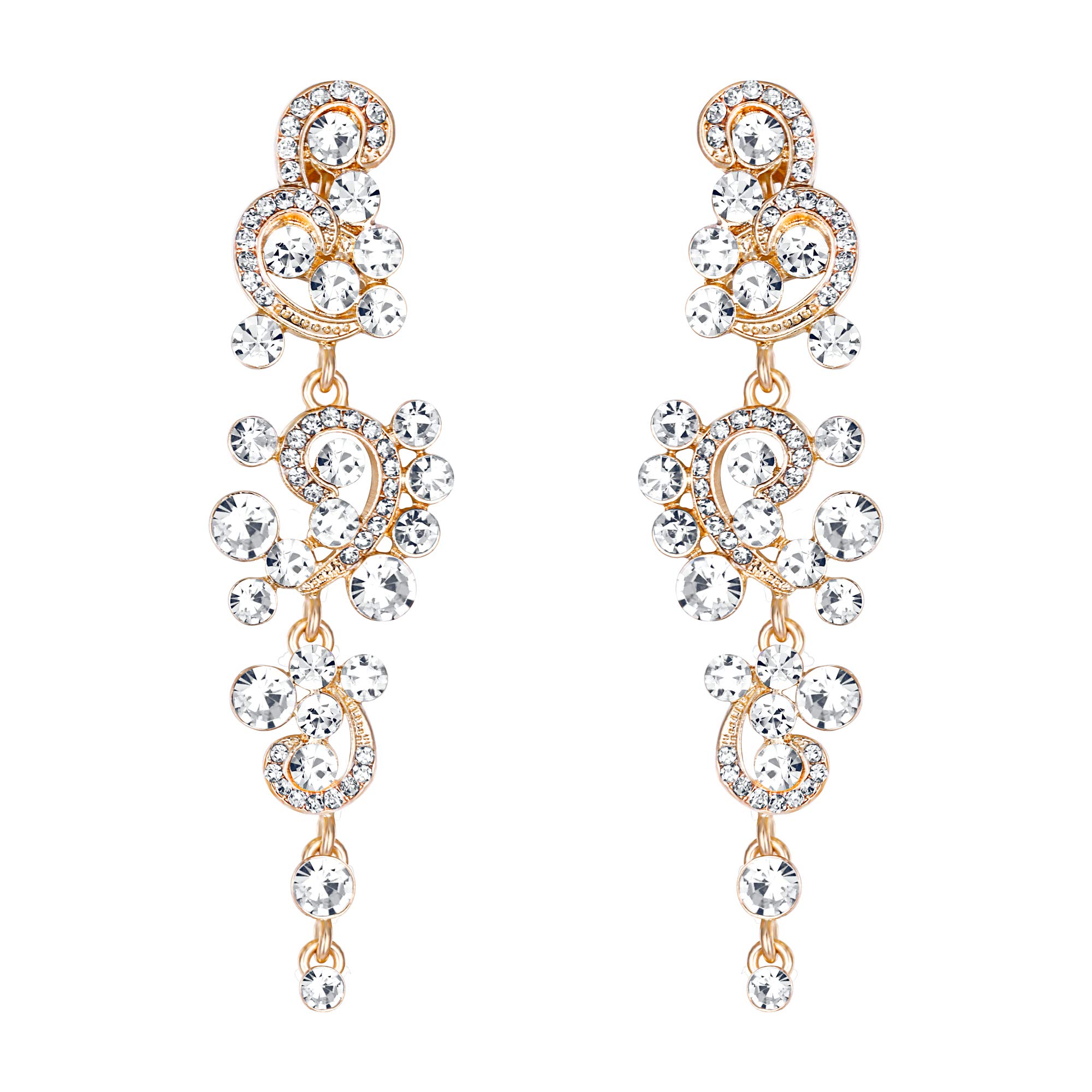 BriLove Clip-On Earrings for Women - Bohemian Crystal Floral Vine Chandelier Dangle Earrings | Wedding, Bridal, Party Accessories | Perfect for Boho Style & Special Occasions