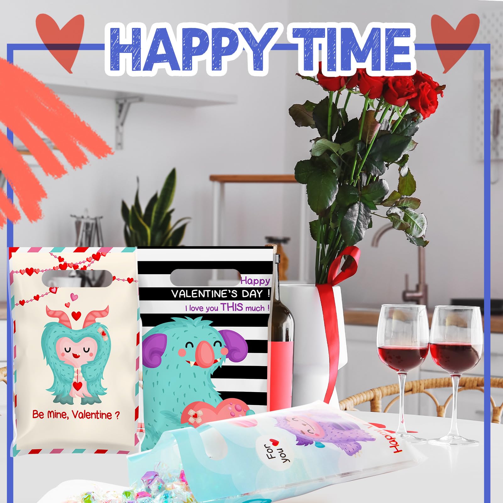 Frienda 100-Piece Plastic Valentine's Day Gift Bags Bulk - Monster Treat Bags with Handles for Candy, Party Favors & Holiday Decorations | Perfect for Valentine's Parties, Classroom Treats & Romantic Gift Giving