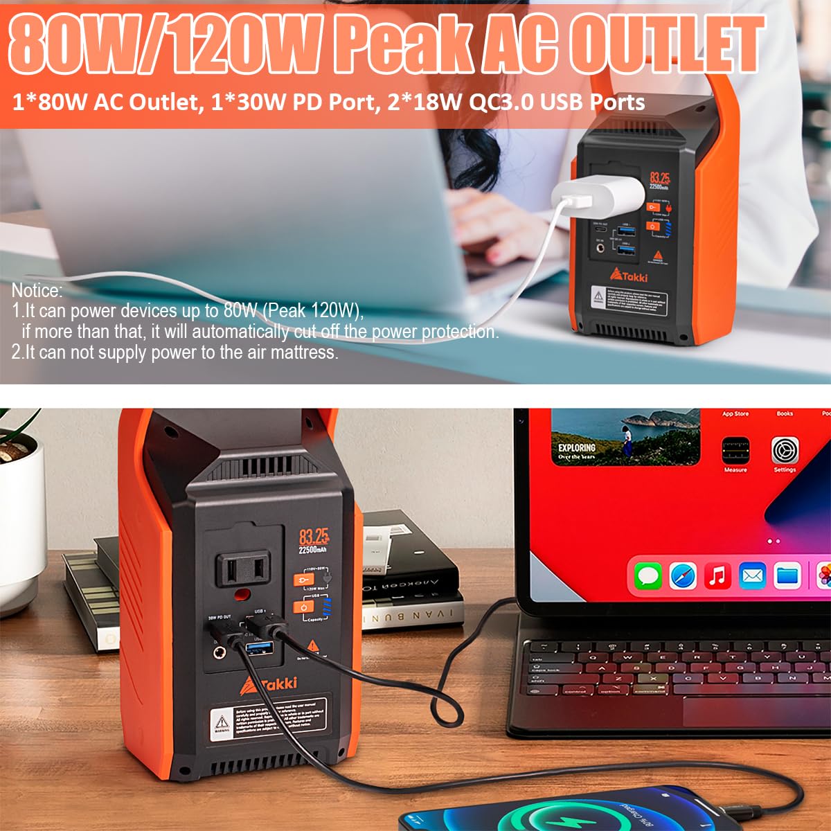Takki 120W Peak Solar Generator Portable Power Station with 21W Solar Panels - 83Wh Solar Power Bank with AC Outlet for Camping, Emergency Power, Outdoor Adventures, RV Trips & Home Backup