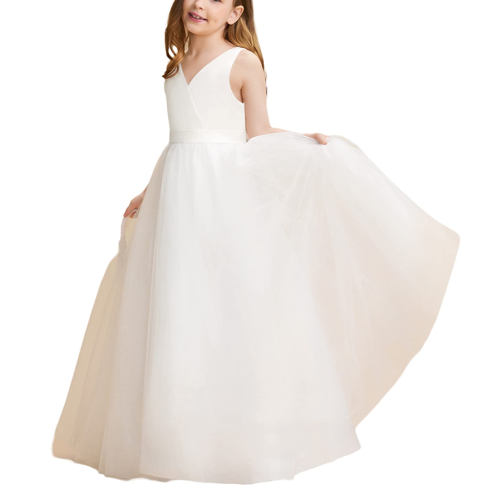 Little Girls Formal Party Dress - Sleeveless V-Neck Backless Bow Elegant High Waist Ball Gown Tulle Princess Dress for Birthday, Wedding & Special Occasions