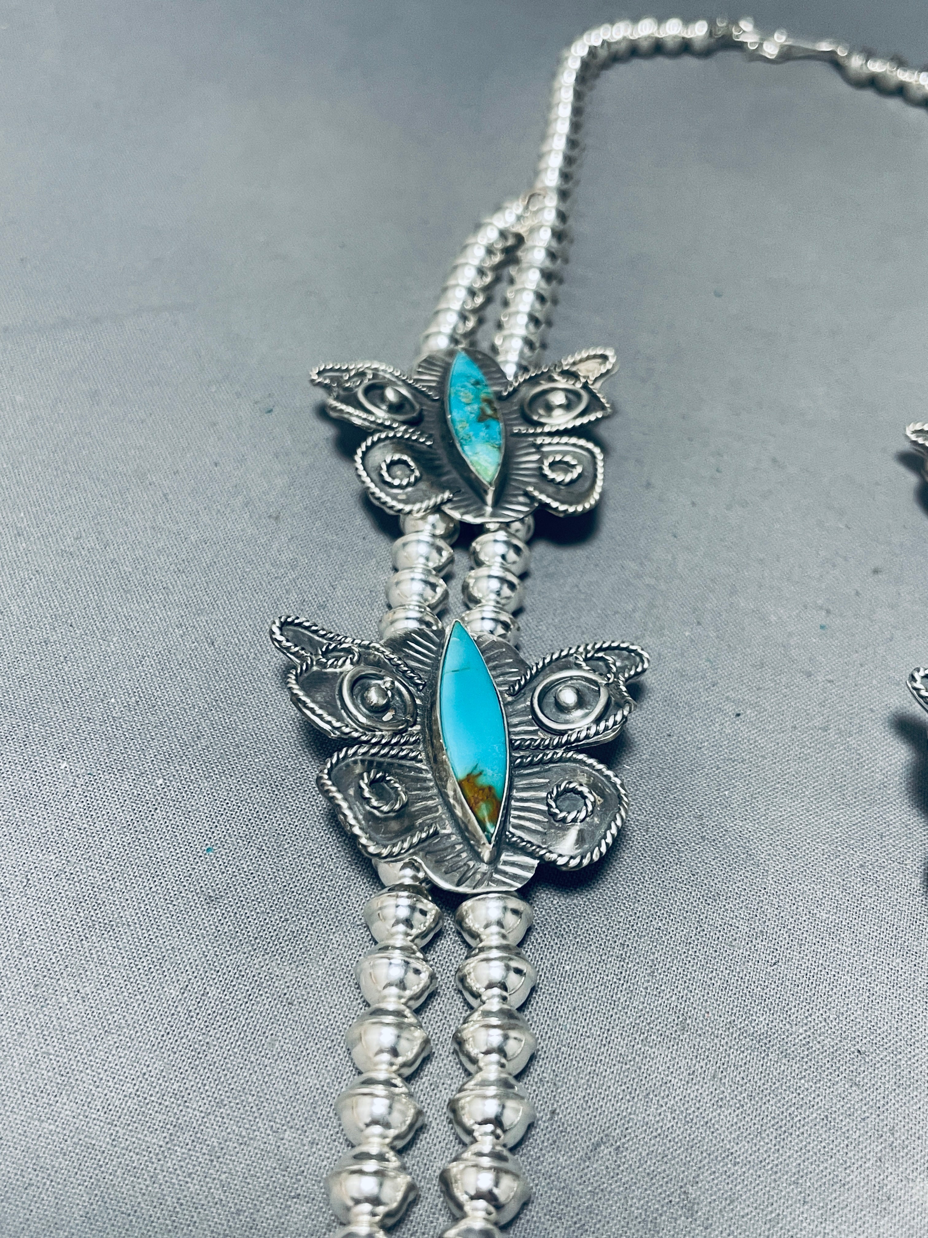 203 Grams Authentic Navajo Sterling Silver Squash Blossom Necklace with Natural Turquoise - Handmade Native American Jewelry for Women, Perfect for Weddings, Ceremonies and Boho Fashion
