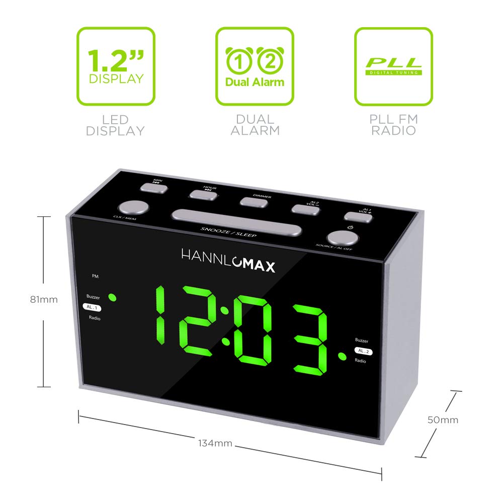 HANNLOMAX HX-122CR Digital Alarm Clock Radio with PLL FM Tuner, Dual Alarm, 1.2