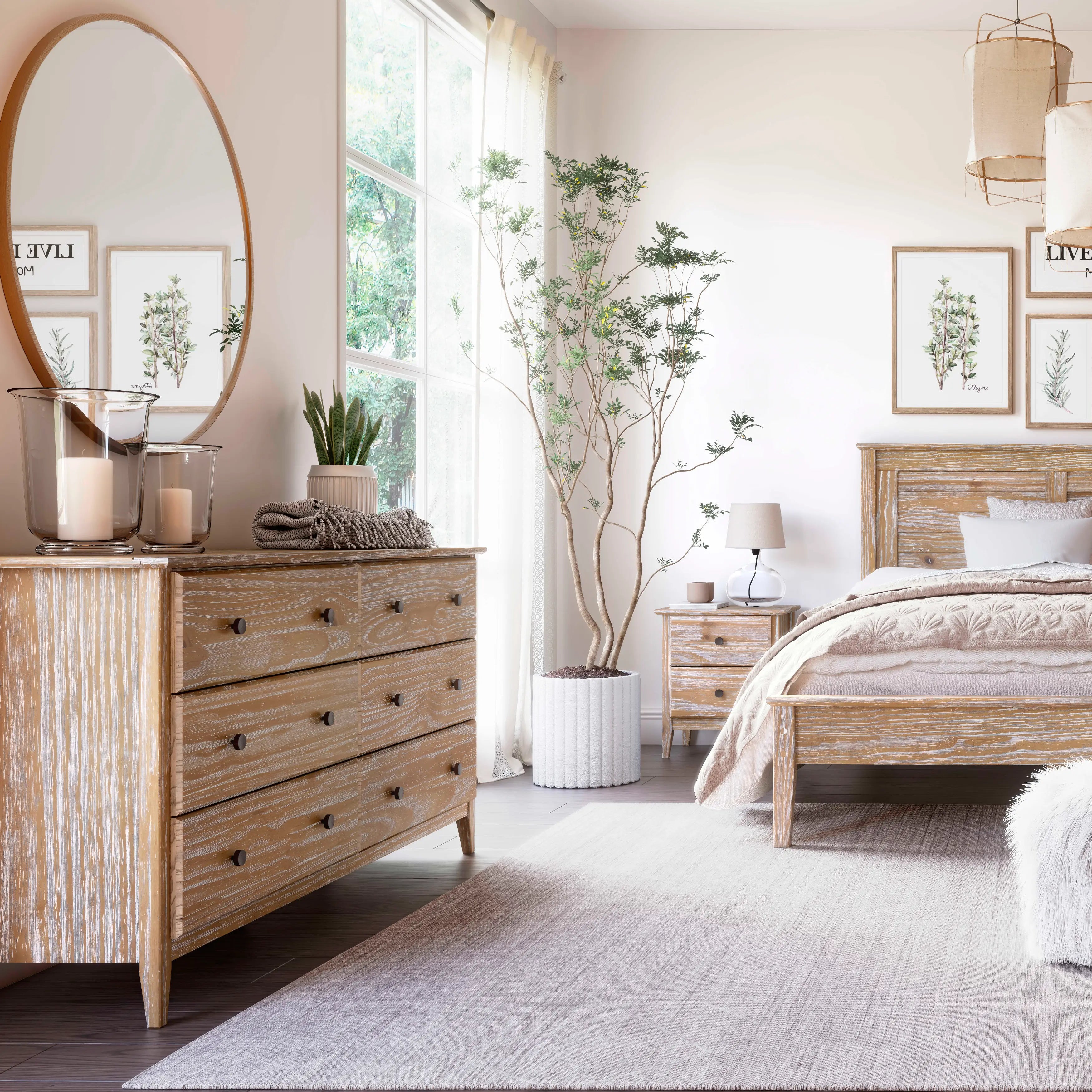 Greenport 5-Piece Bedroom Set - Queen Size Bed Frame, Nightstand, Dresser & Mirror - Modern Farmhouse Furniture for Master Bedroom or Guest Room