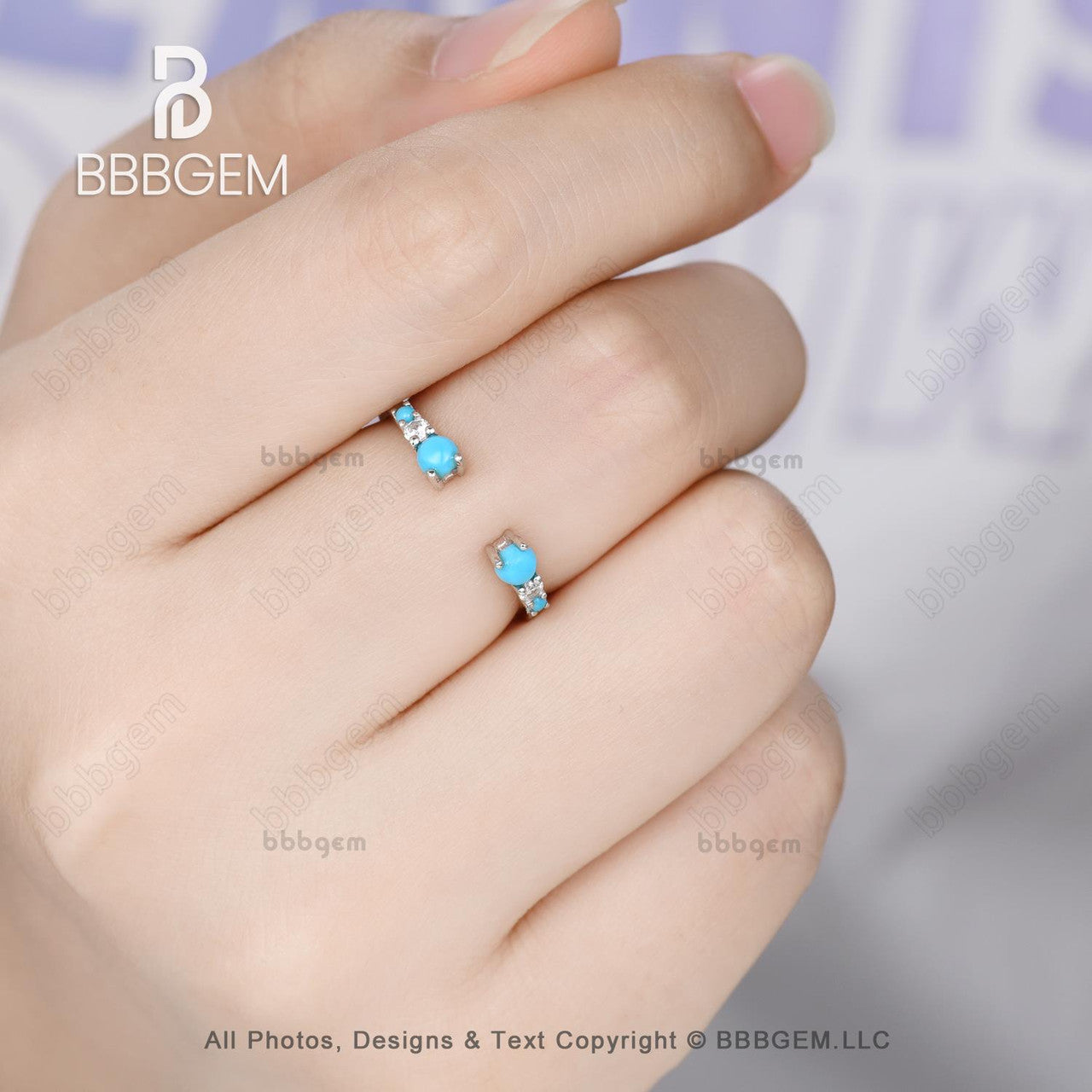 December Birthstone Turquoise Diamond White Gold Open Gap Band Ring – 1.4mm Wide Round Sleeping Beauty Turquoise Ring for Women | Perfect Gift for Birthdays, Anniversaries & Special Occasions