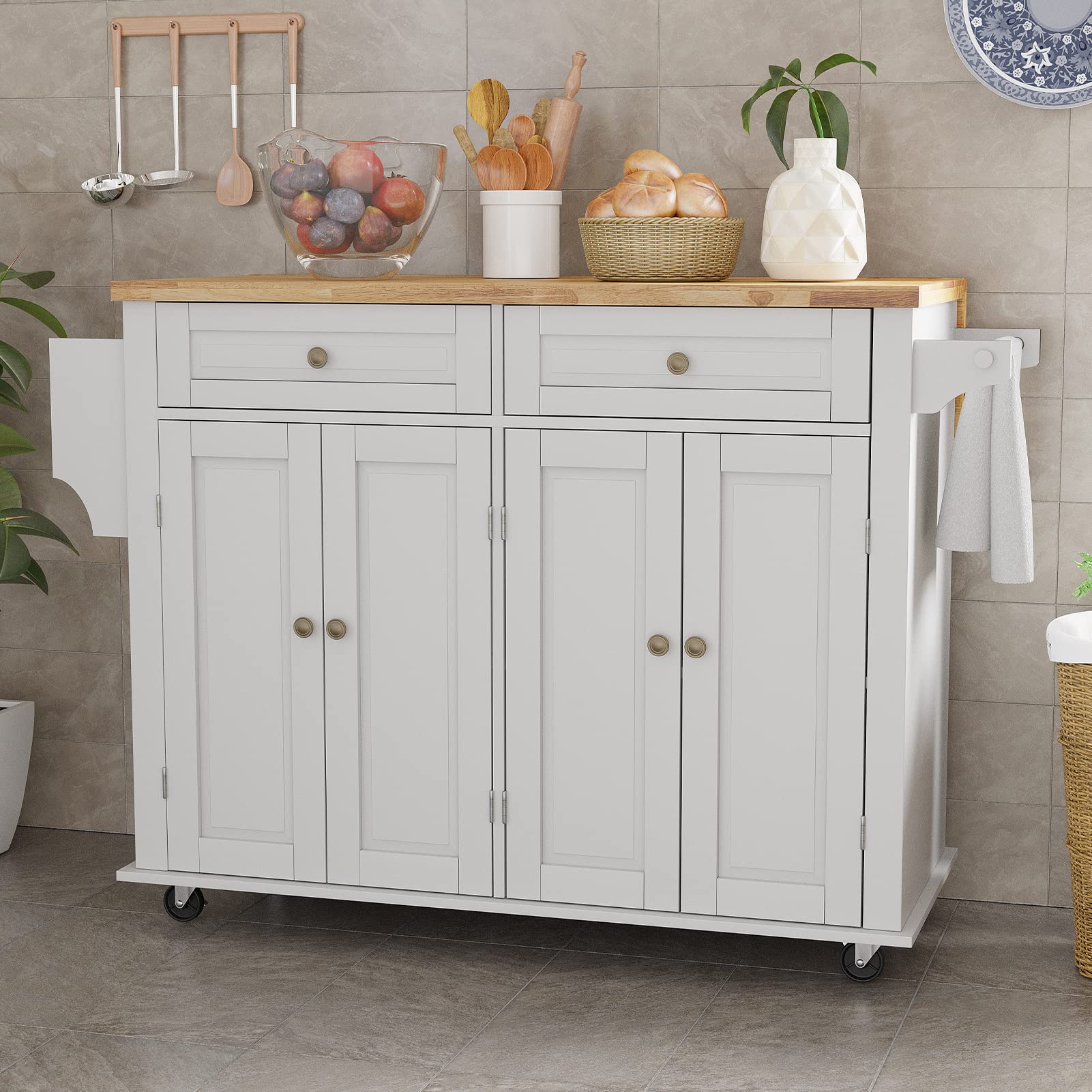 Rolling Kitchen Island with Drop Leaf – White Matte Movable Kitchen Cart on Wheels with Storage Cabinet, Rubber Wood Top, Rack, and Drawers – Perfect for Small Kitchens, Dining, and Entertaining