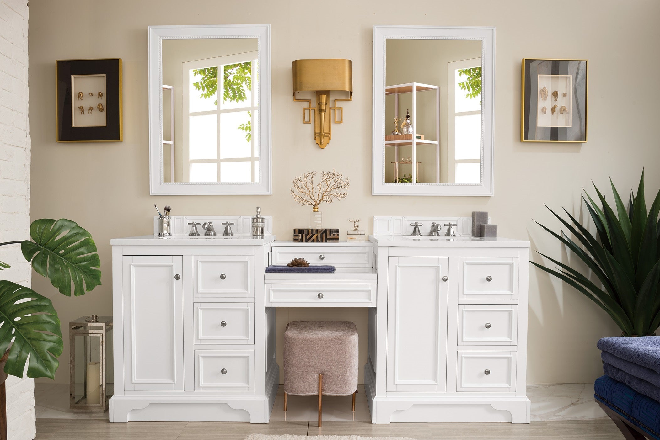 De Soto 82 Inch Double Vanity Set with Makeup Table - Bright White Finish & 3CM Classic White Quartz Countertop - Perfect for Master Bathroom, Guest Bathroom, and Modern Home Decor