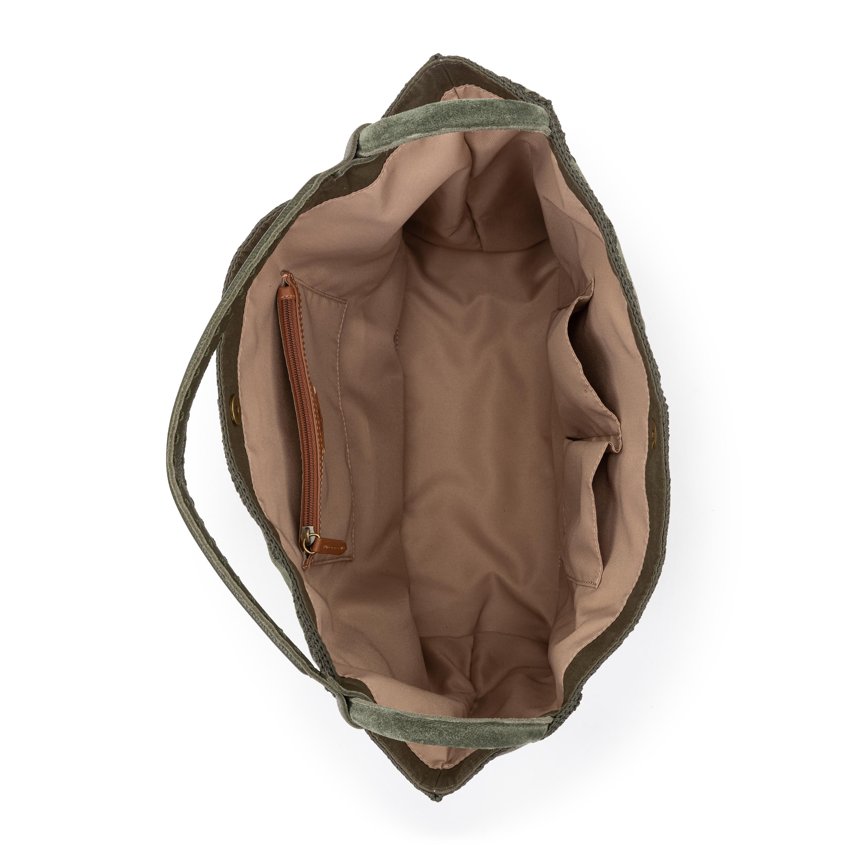 Los Feliz Large Leather Tote Bag with Moss Suede Patch - Stylish & Spacious Handbag for Work, Travel & Everyday Use
