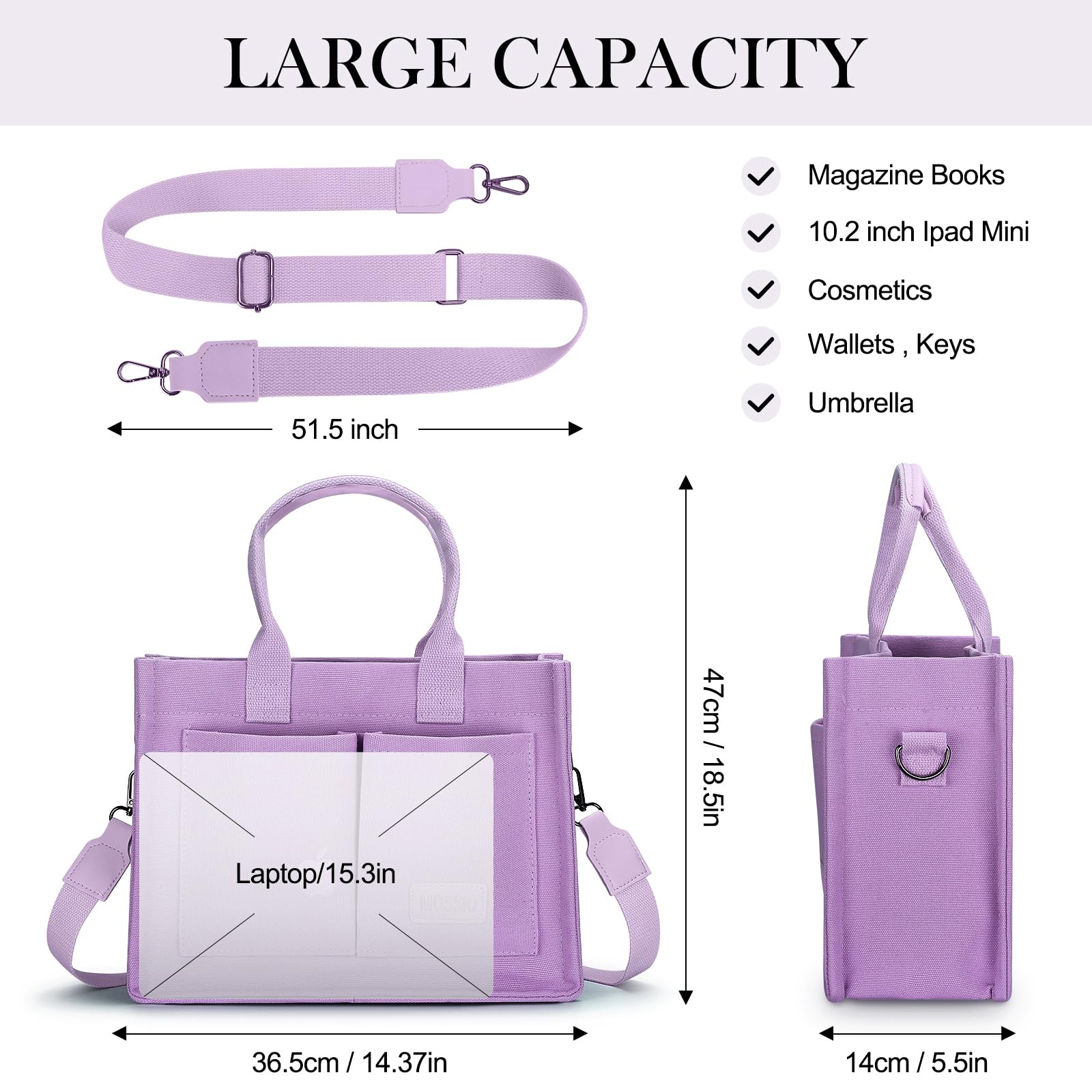 Mossio Large Canvas Tote Bag for Women with Multiple Pockets - Durable Laptop Work Bag, Crossbody Shoulder Purse for Everyday Use | Perfect for Office, Travel, Shopping & Beach