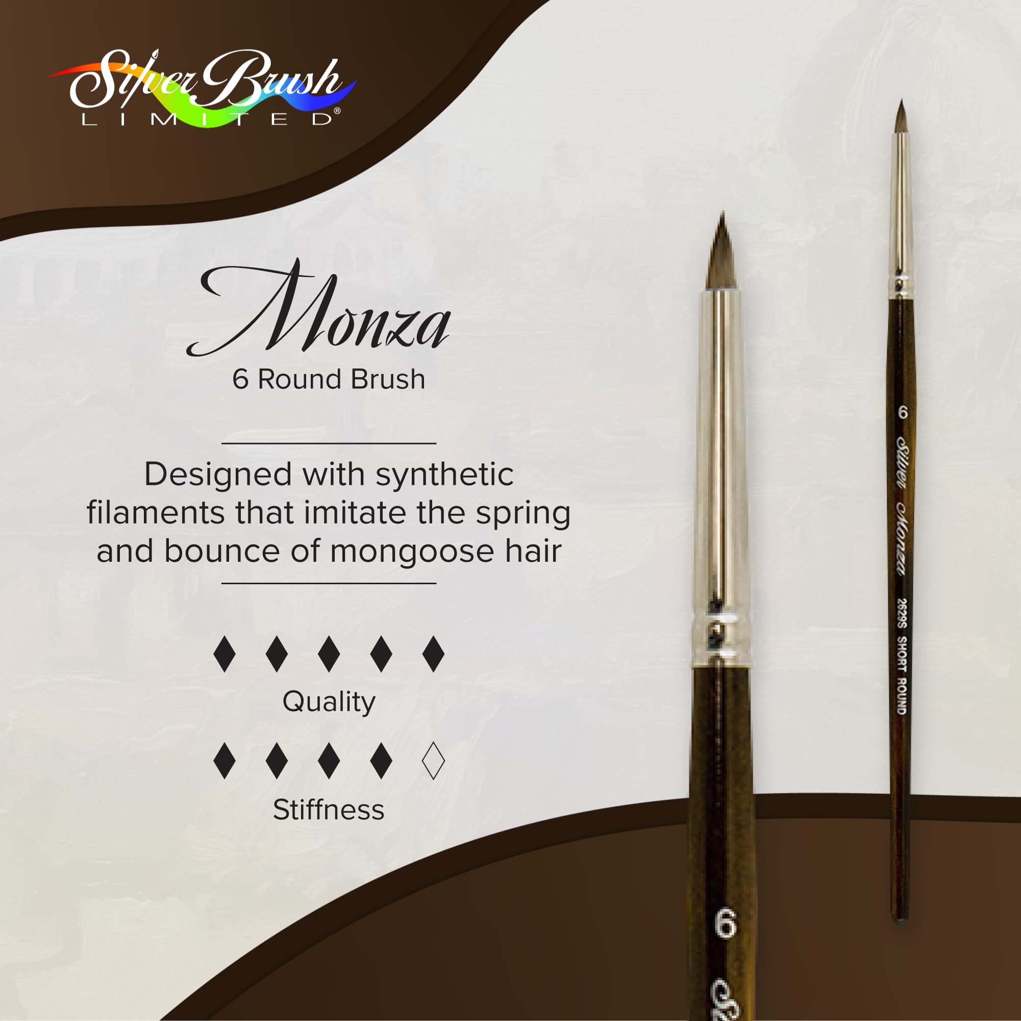 Silver Brush Limited 2629S-6 Monza Short Round Paintbrush - Professional Oil, Acrylic & Heavy Body Paint Brush with Short Handle (Size 6) - Perfect for Canvas Painting, Miniature Art & Detailed Work